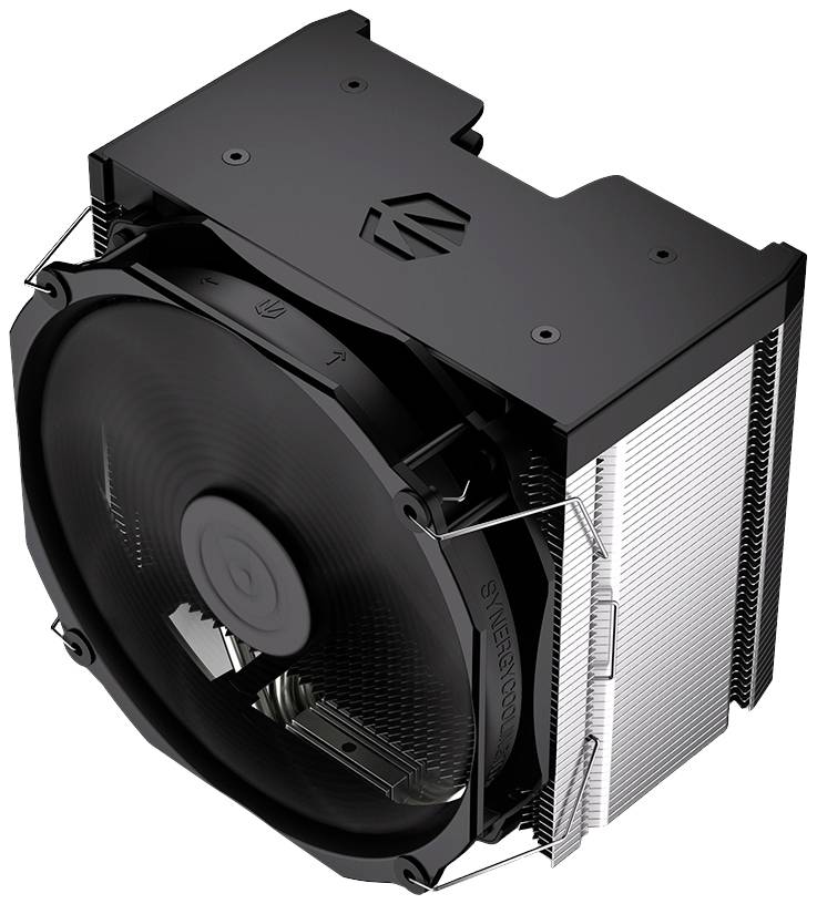 Ein schwarzer Computer-CPU-Kühler mit Lüfter und Kühllamellen, seitlich betrachtet. Entworfen für effiziente Wärmeableitung.