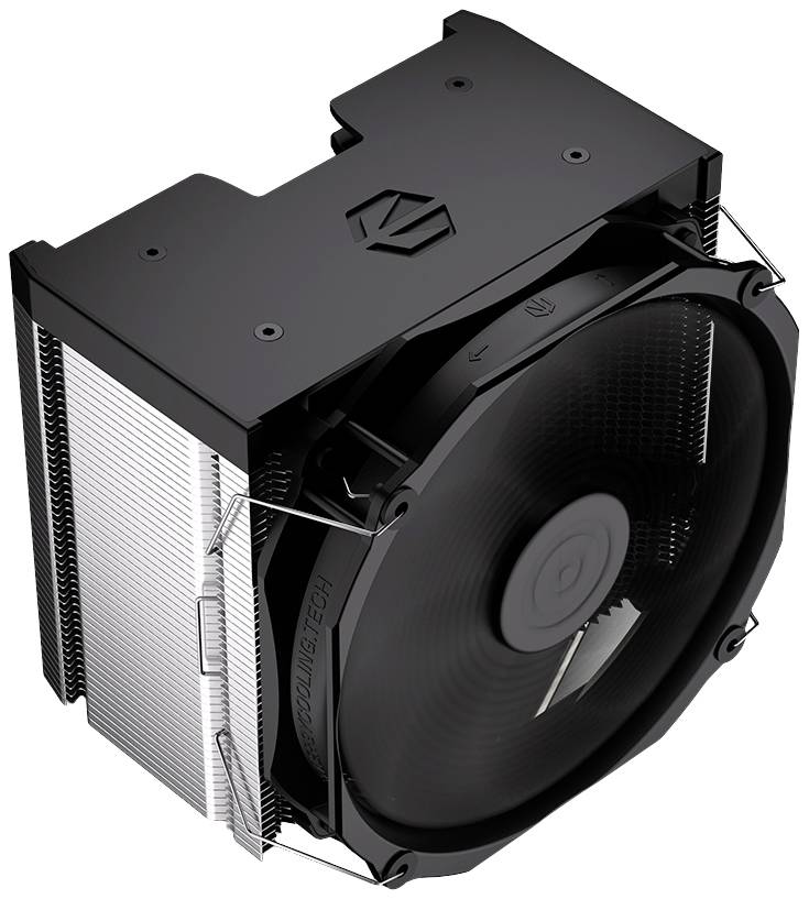 CPU-Kühler mit großem schwarzen Lüfter und Kühlkörper aus Aluminium. Geeignet zur Wärmeableitung bei Computerprozessoren.