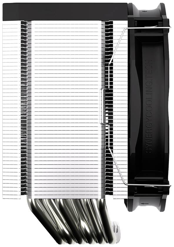 Ein CPU-Kühler mit mehreren silbernen Lamellen und schwarzem Lüfter, ausgelegt zur effizienten Wärmeabfuhr von Computerprozessoren.
