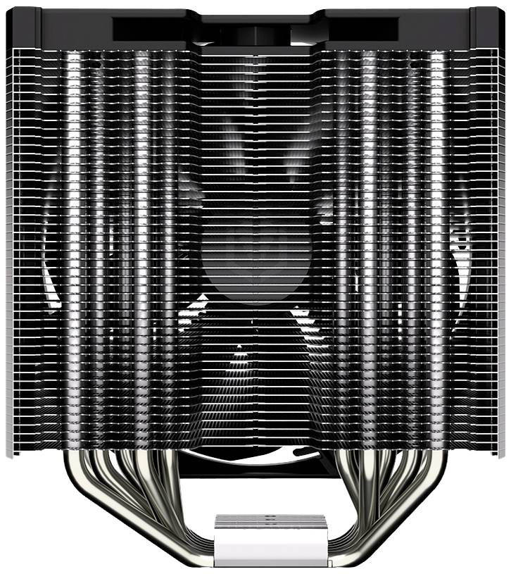 Ein großer CPU-Kühler aus Metall mit mehreren Lamellen und Heatpipes, entwickelt für die Kühlung von Computerprozessoren.