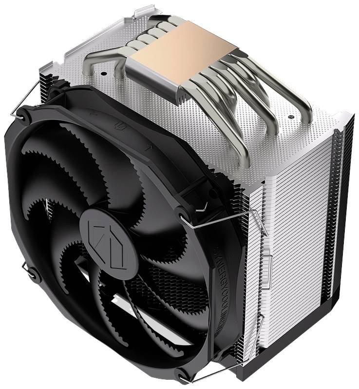 Ein großer CPU-Kühler mit schwarzen Lüfterflügeln und silbernen Kühlrippen, der Hitzeableitung und effektivere Kühlung unterstützt.