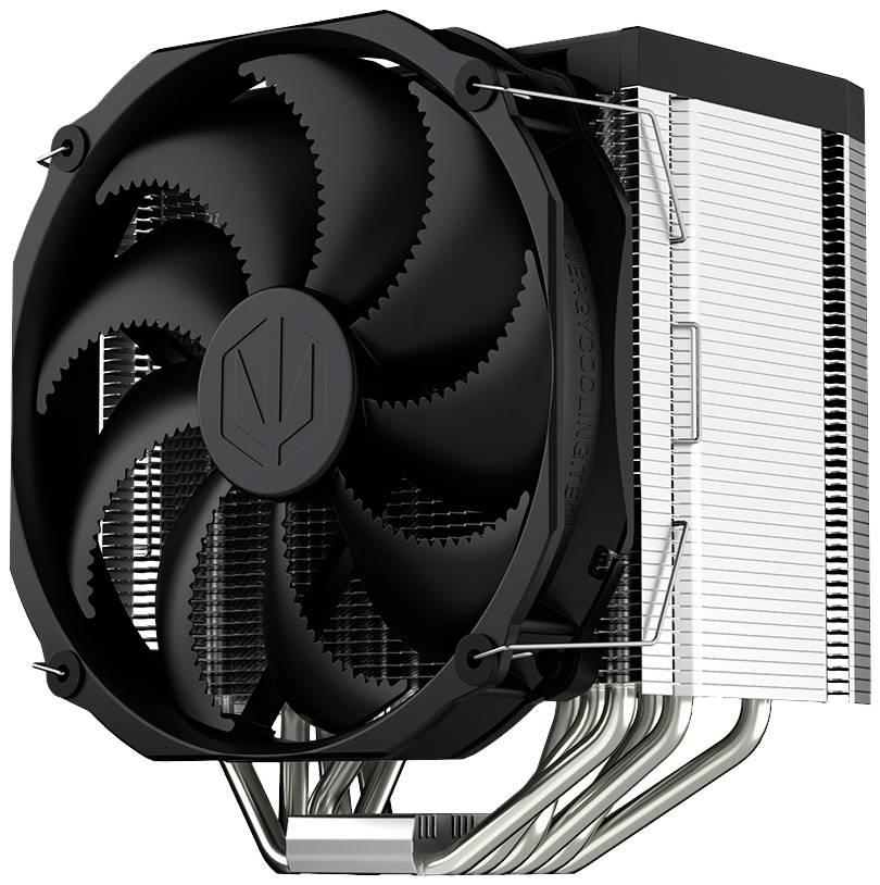 Schwarzer CPU-Kühler mit großen Lüfterblättern und silbernen Kühlrippen. Entworfen für effiziente Wärmeabfuhr in Computern.