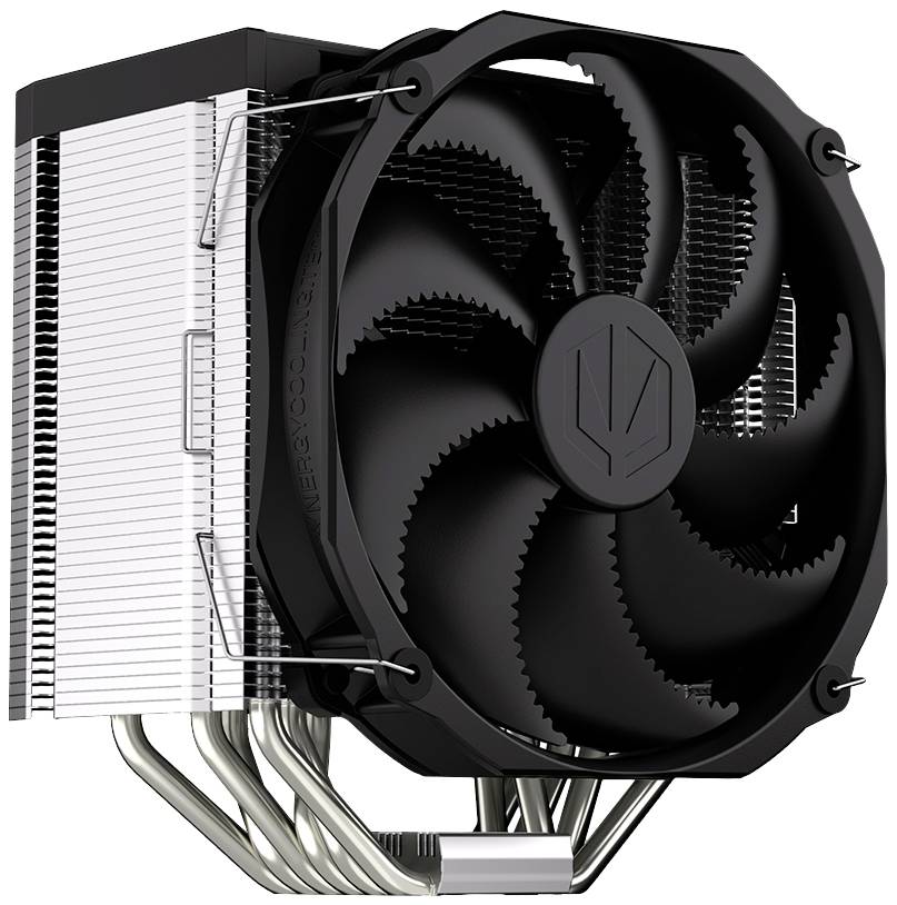 Schwarzer CPU-Kühler mit großem Lüfter und silbernen Kühlrippen für effiziente Wärmeabfuhr, zeigt robustes Design.