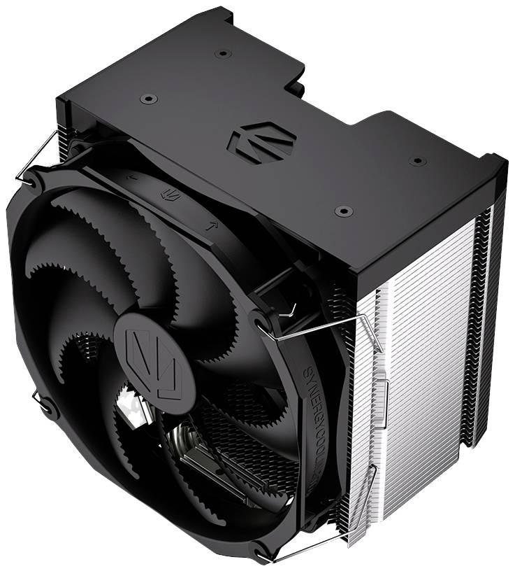 Ein schwarzer, quadratischer CPU-Lüfter mit Kühlrippen aus Metall, designed zur effektiven Hitzeableitung in Computern.