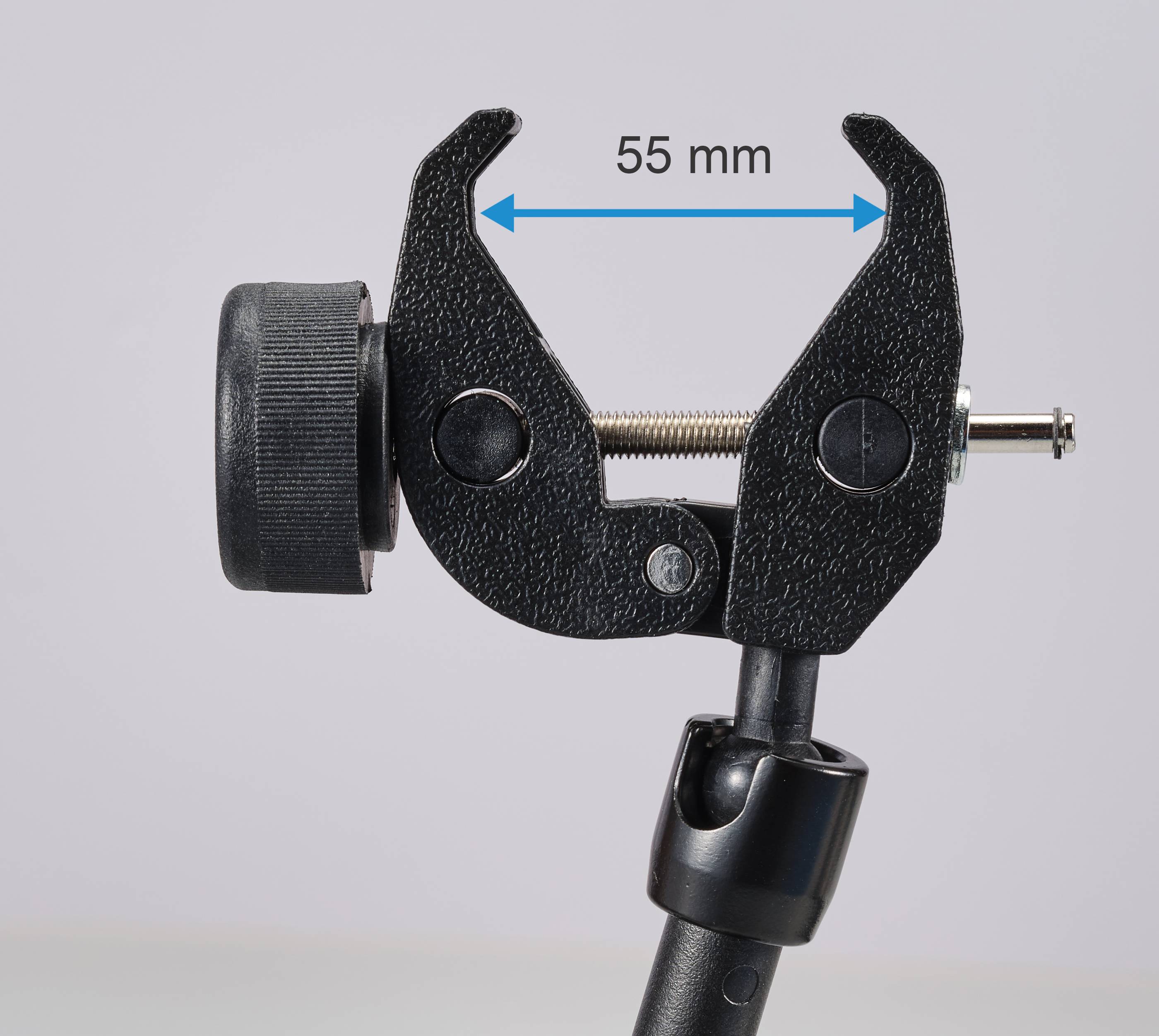 Schraubzwinge mit einer Öffnung von 55 mm, geeignet zur Befestigung an runden oder flachen Oberflächen. Robustes Design mit Verstellschraube.