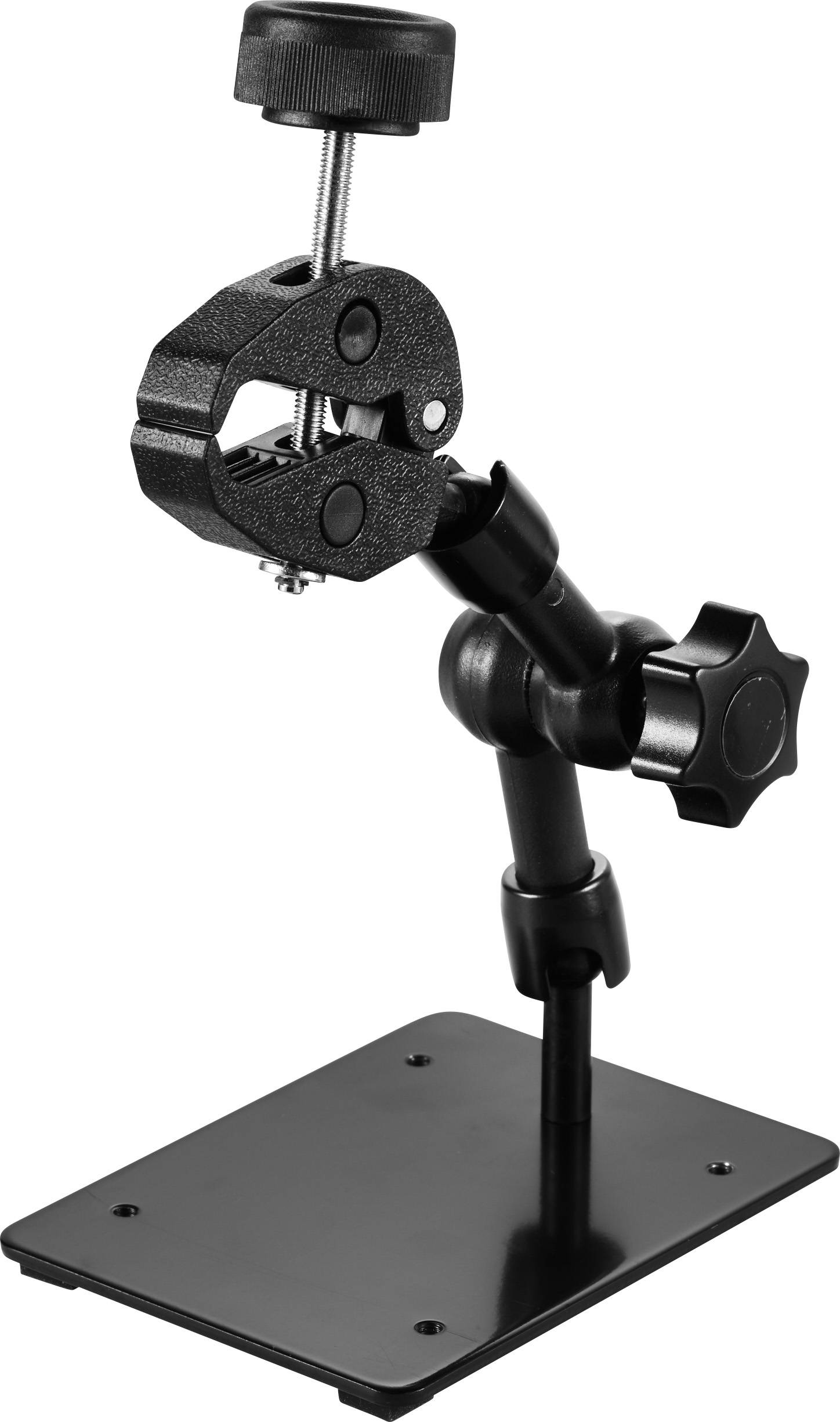 Ein schwarzer Gerätehalter mit verstellbarem Arm und Klemme für flexible Befestigung auf einer stabilen Basis.