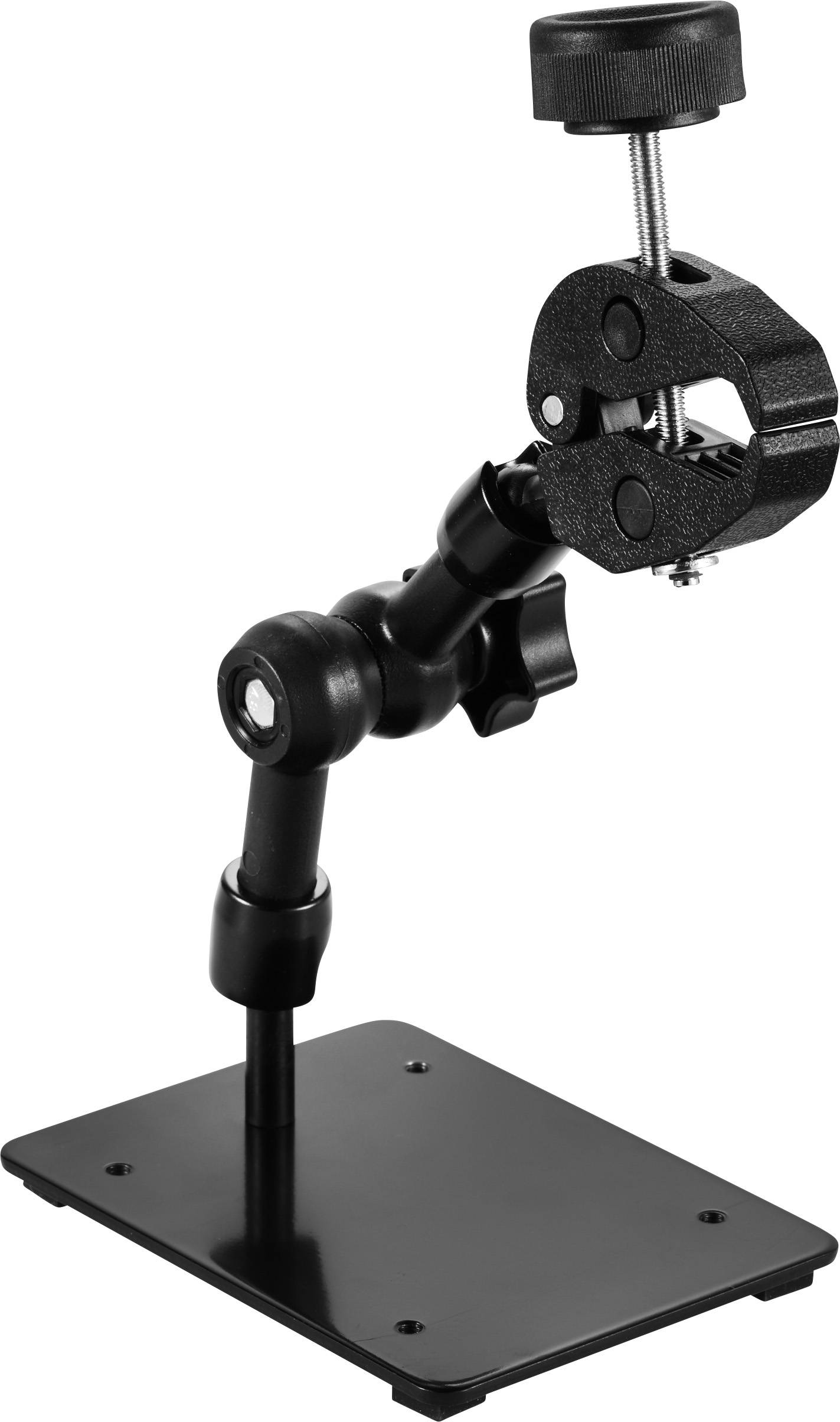 Ein schwarzer Einstellhalter mit Gelenken auf einer quadratischen Basis, geeignet zur Befestigung von Werkzeugen oder Messinstrumenten.