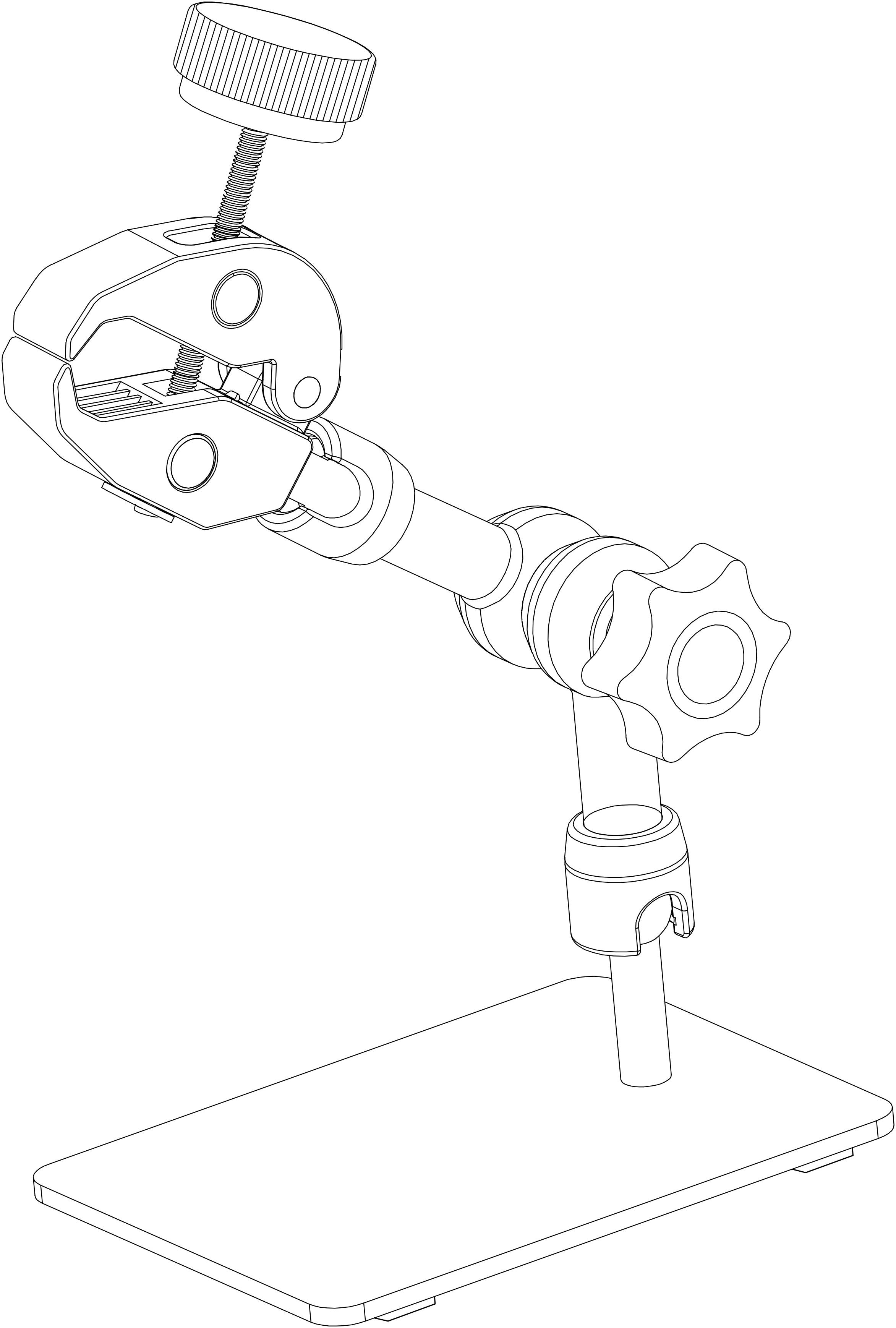 Ein verstellbarer Halterungsarm mit Klemme und Drehknopf auf einer stabilen Basis, geeignet zum Befestigen von Geräten oder Kameras.