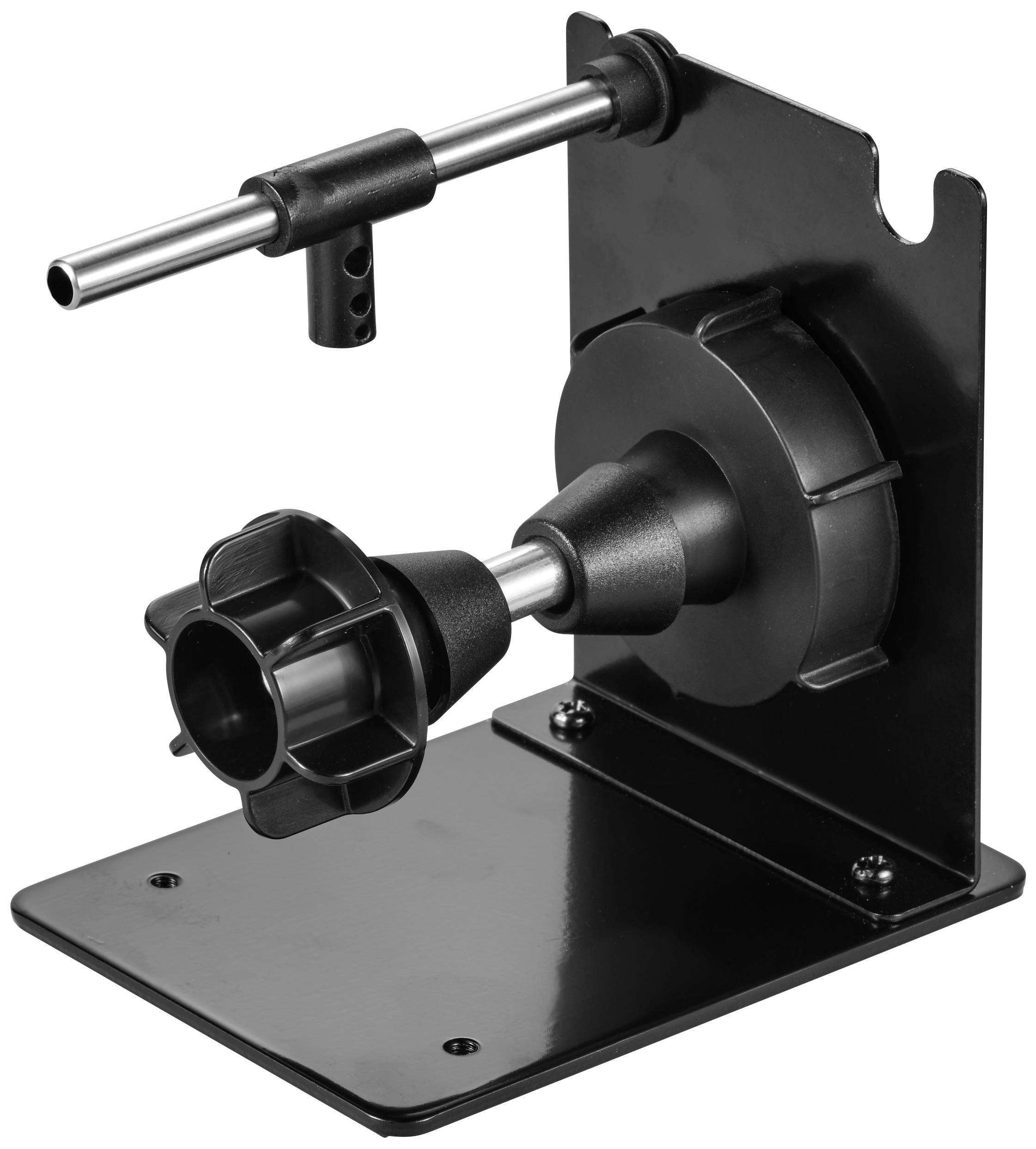 Ein schwarzer Halterungsaufsatz, möglicherweise für ein elektronisches Gerät oder eine Kamera, mit verstellbaren Teilen und Befestigungsmöglichkeiten.