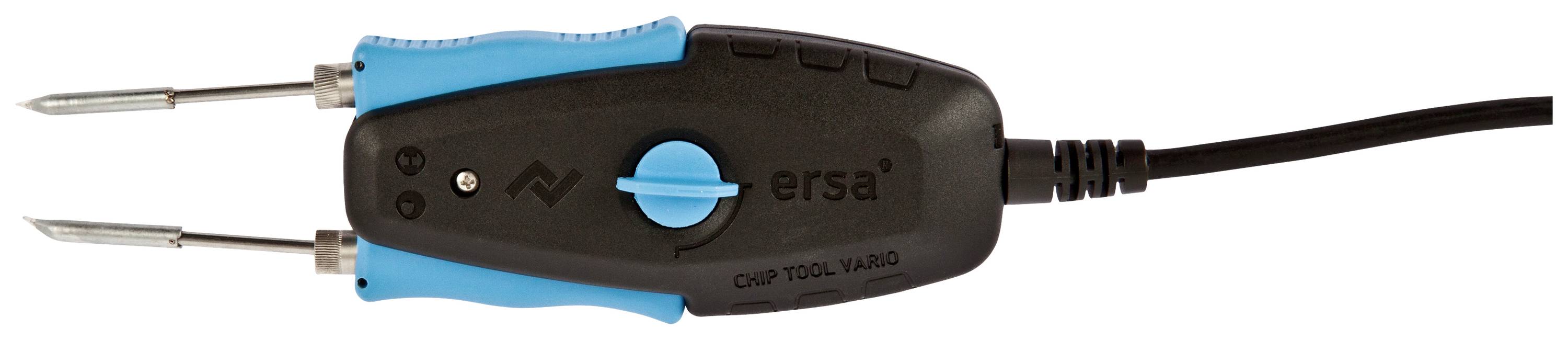 Lötkolben mit blauer Griffisolierung, zwei Metallspitzen und Stromkabel. Wird zum Löten elektronischer Komponenten verwendet.