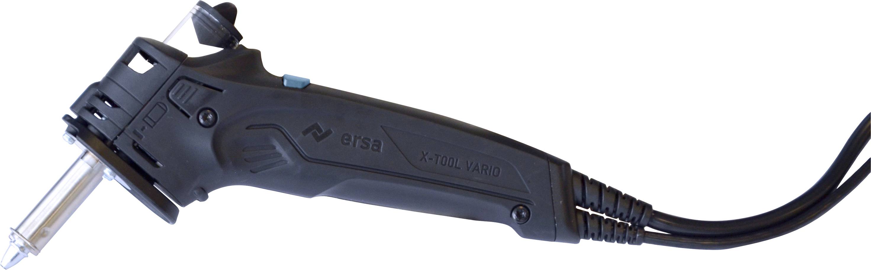 Eine schwarze Heißklebepistole mit langem Kabel und blauer Taste, seitlich liegend, zeigt die Düse und Klebestiftöffnung.