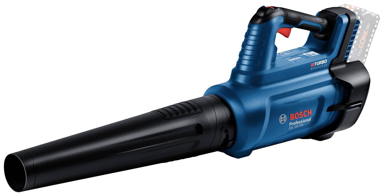 Ein blauer Bosch Laubbläser mit einem schwarzen Griff und einer Düse, auf der eine Batterie befestigt ist.