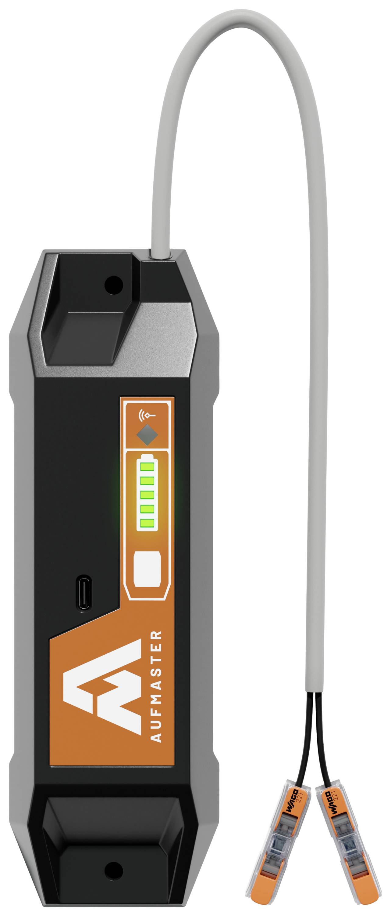 Ein graues elektronisches Gerät mit schwarzem und orangefarbenem Design. Es hat einen Bildschirm, Batteriestatusanzeige und zwei Kabel.