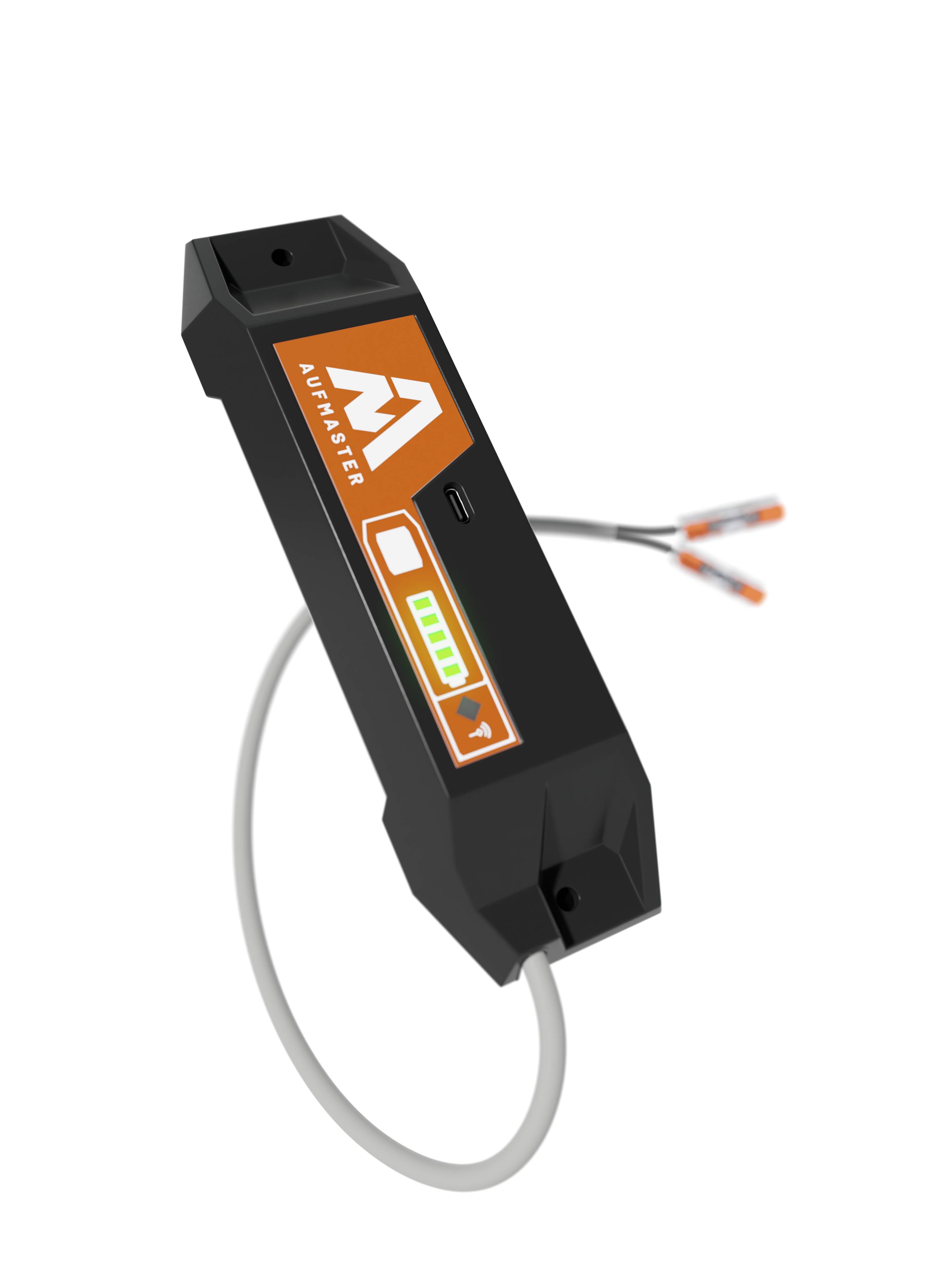 Ein schwarzes, rechteckiges Gerät mit orangefarbenem Aufdruck und Leuchtanzeige, verbunden mit einem Kabel.