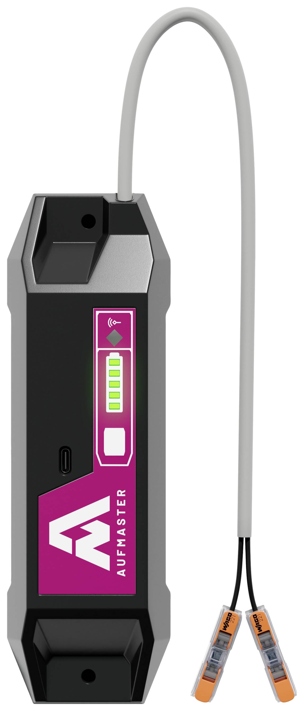 Ein schwarzes elektronisches Gerät mit einer grauen Antenne und zwei farbigen Kabeln. Das Display zeigt einen Ladebalken an.