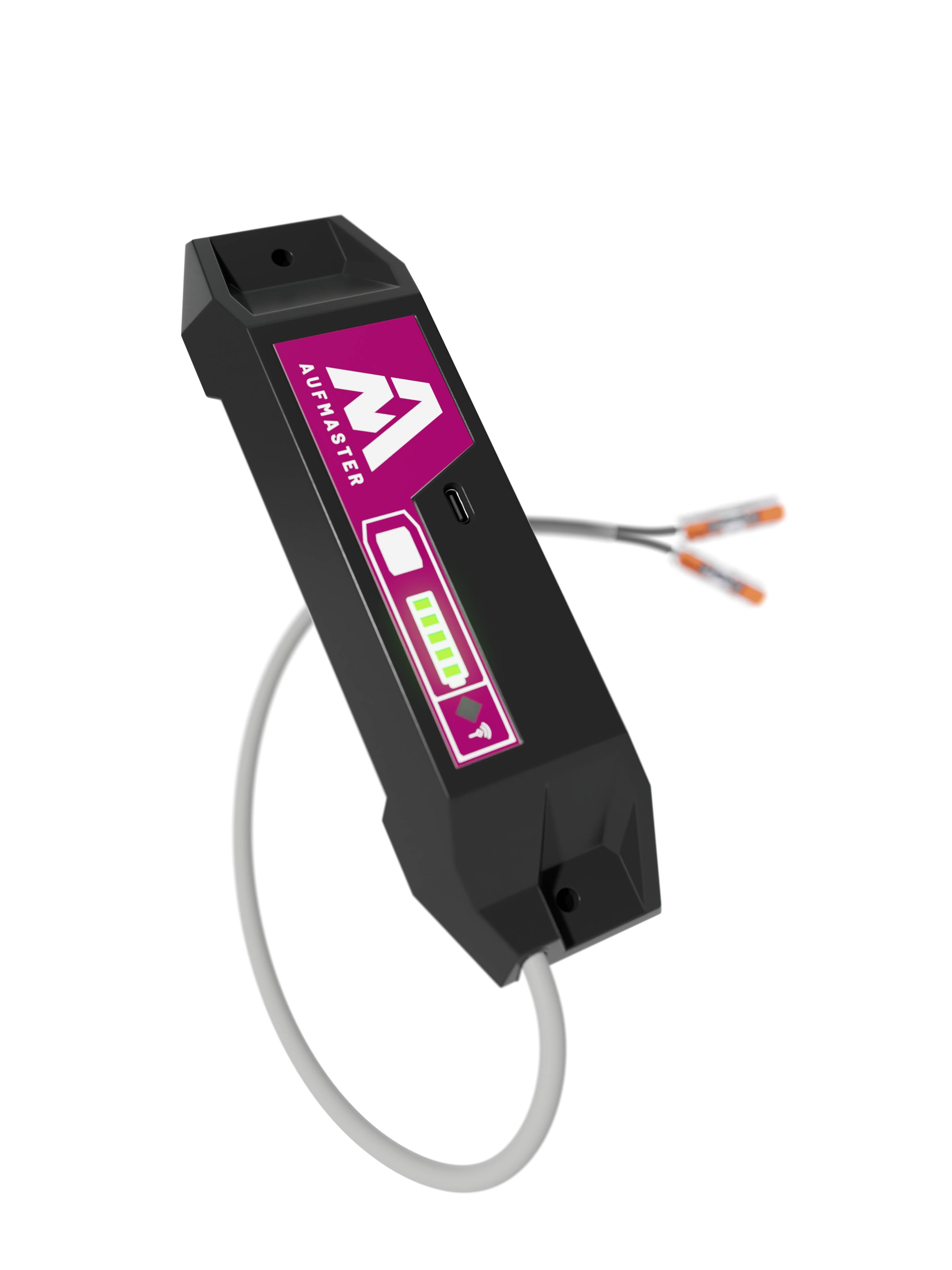 Ein schwarzer elektronischer Sensor mit violettem Etikett, Kabelanschluss und LED-Anzeige zur Steuerung und Überwachung von Geräten.