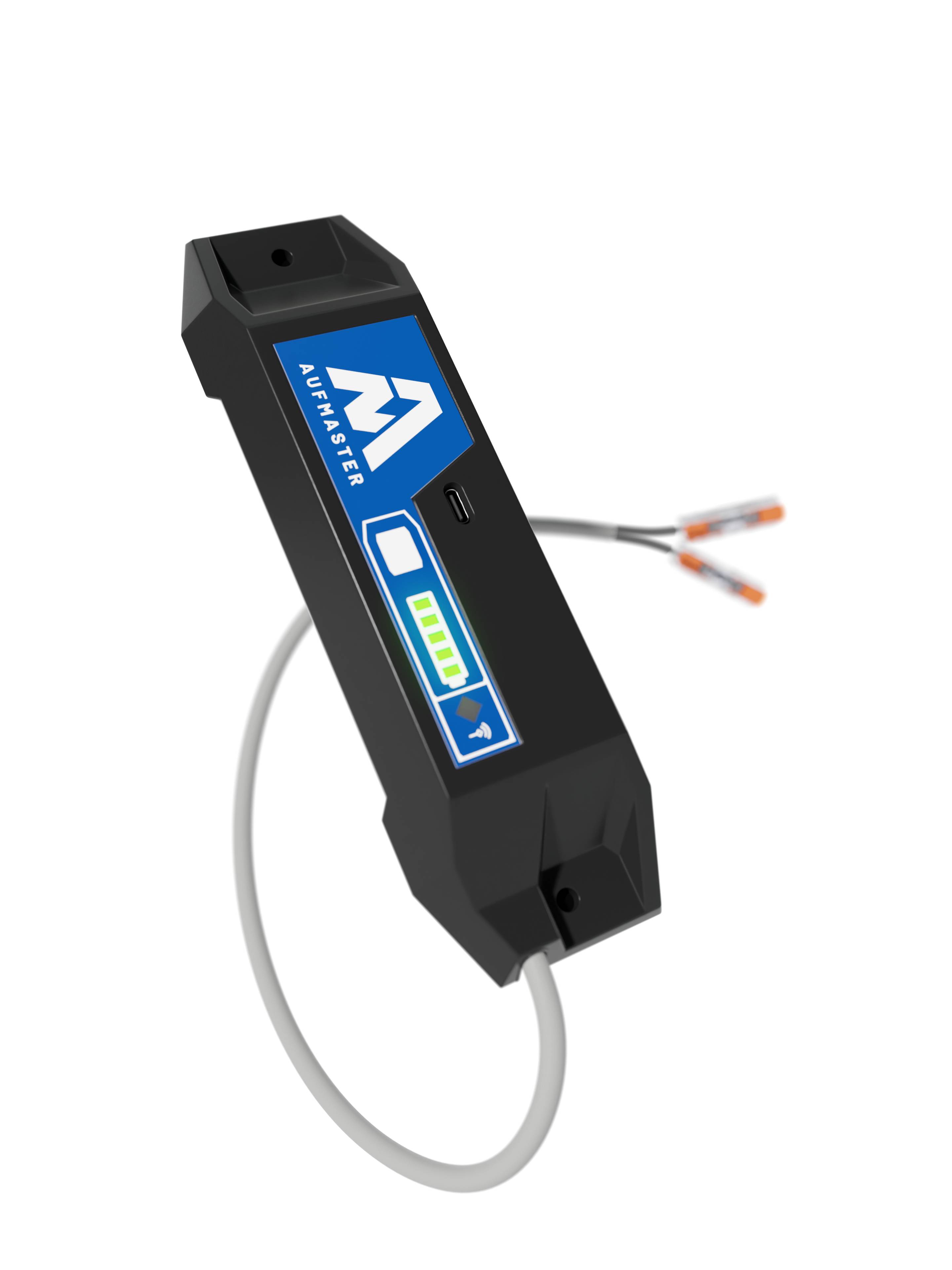 Ein schwarzes elektronisches Gerät mit blauen und grünen Anzeigen, verbunden mit einem Kabel. Es scheint ein technisches Messgerät zu sein.