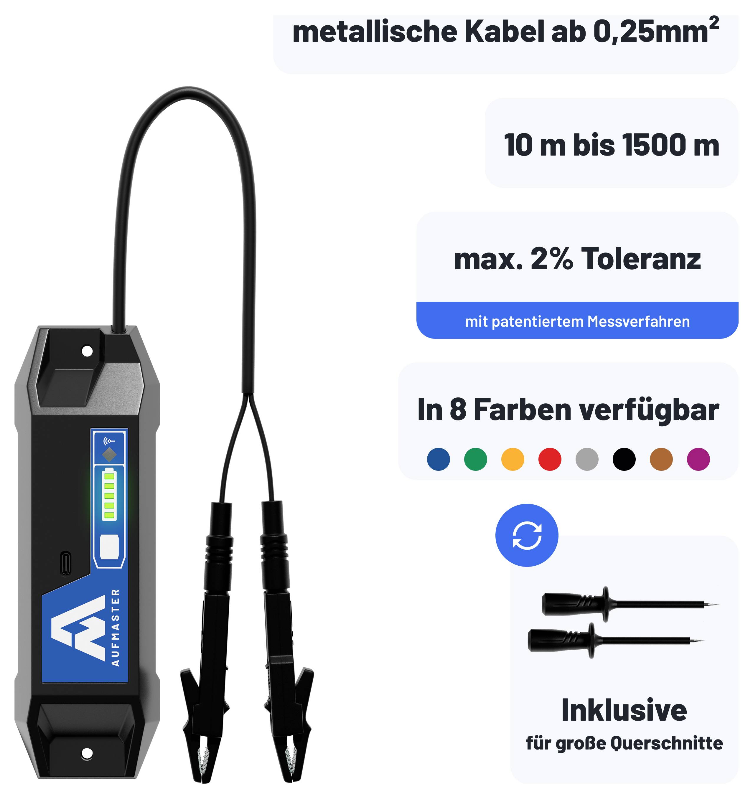 Ein Gerät misst die Kabellänge von 24,80m, angezeigt auf einem Smartphone-Bildschirm mit App. Hersteller: Helukabel. Batteriestand: 92%.