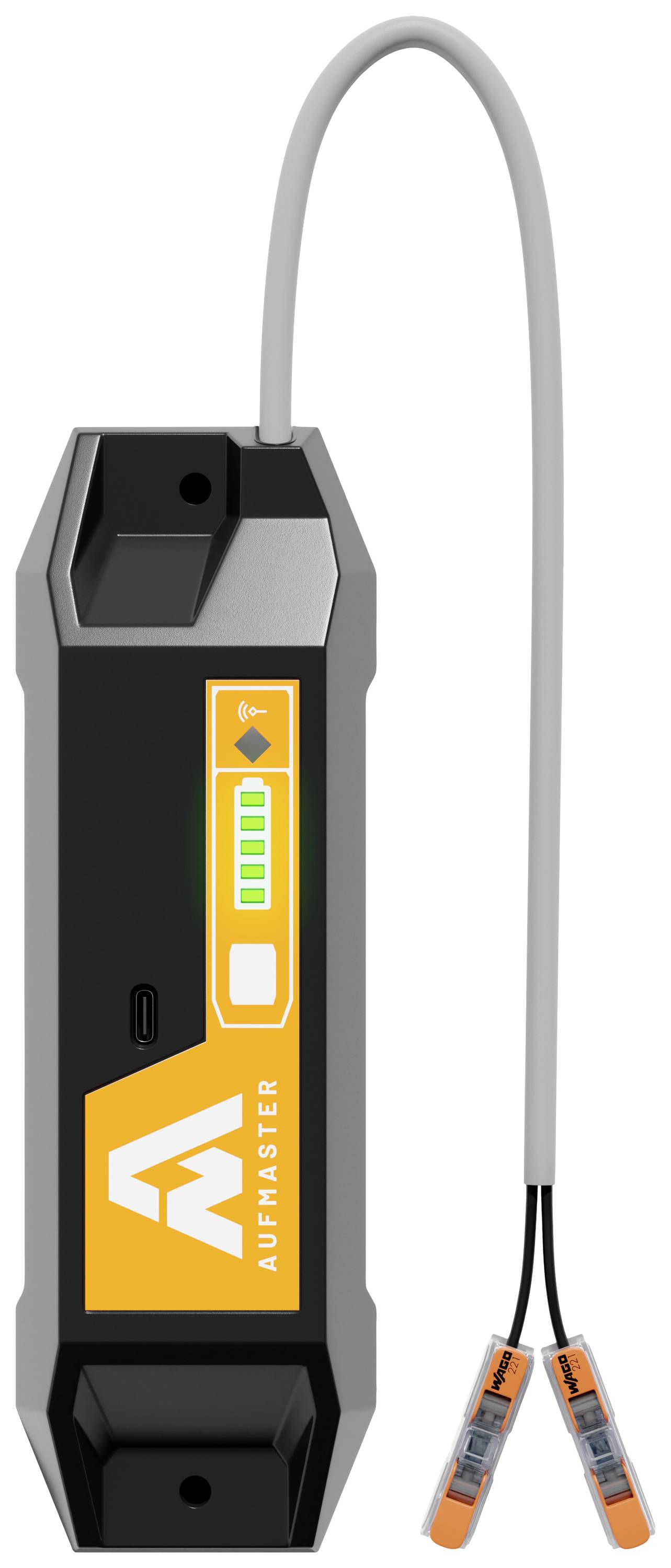 Ein schwarzes elektronisches Gerät mit orangefarbenem Display, das den Batteriestand anzeigt. Angeschlossene Kabel für Messungen.