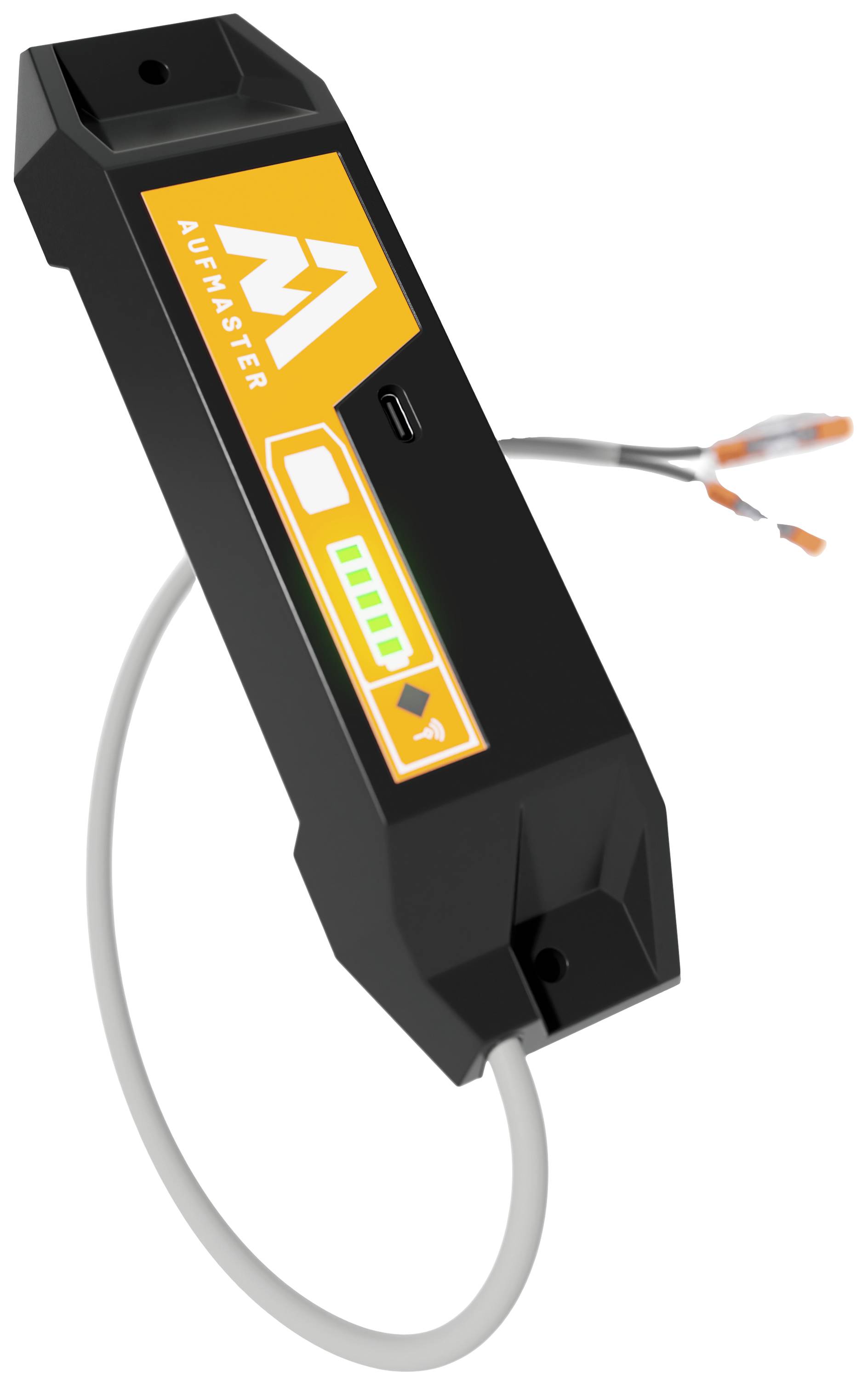 Ein schwarzes, rechteckiges Gerät mit leuchtendem Display und Kabel. Anzeige zeigt Batteriestand an. Geeignet zur Messung oder Überwachung.