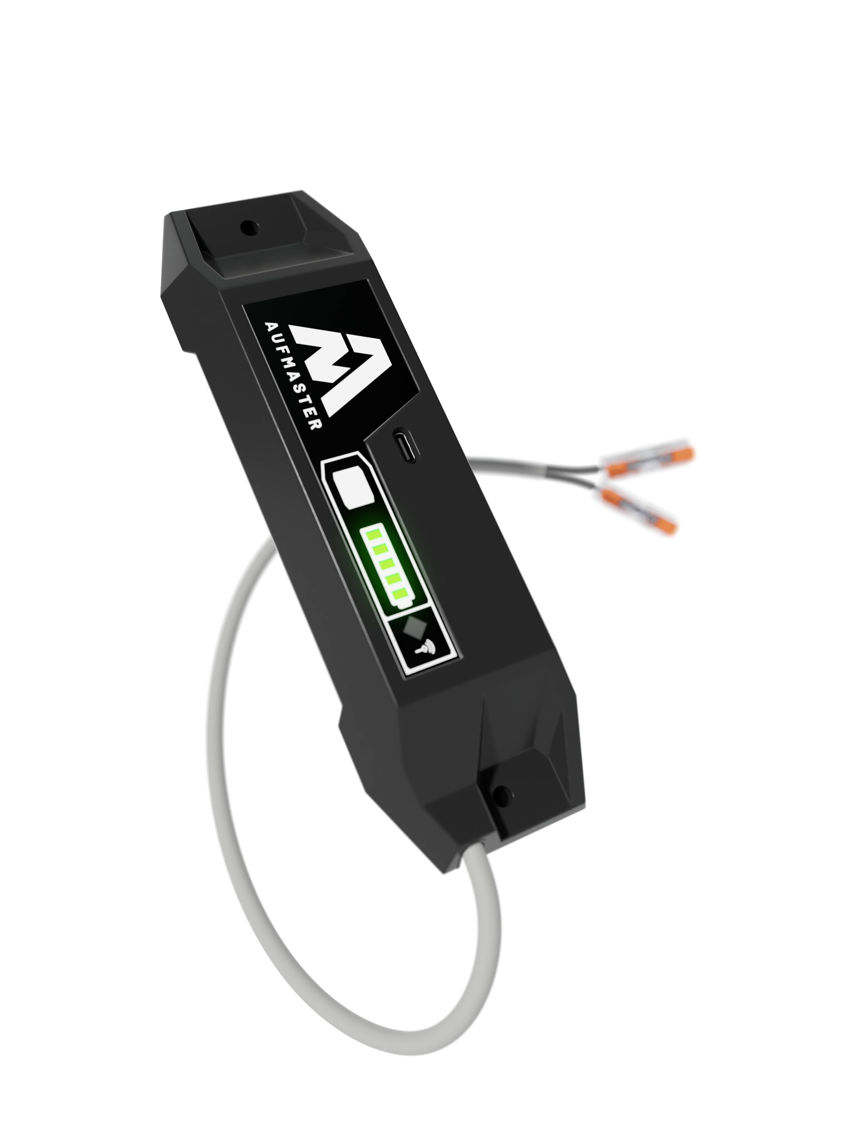 Ein schwarzer elektrischer Sensor mit Aktivitätsanzeige und Verkabelung. Markenlogo und Kontrollleuchten sind sichtbar.
