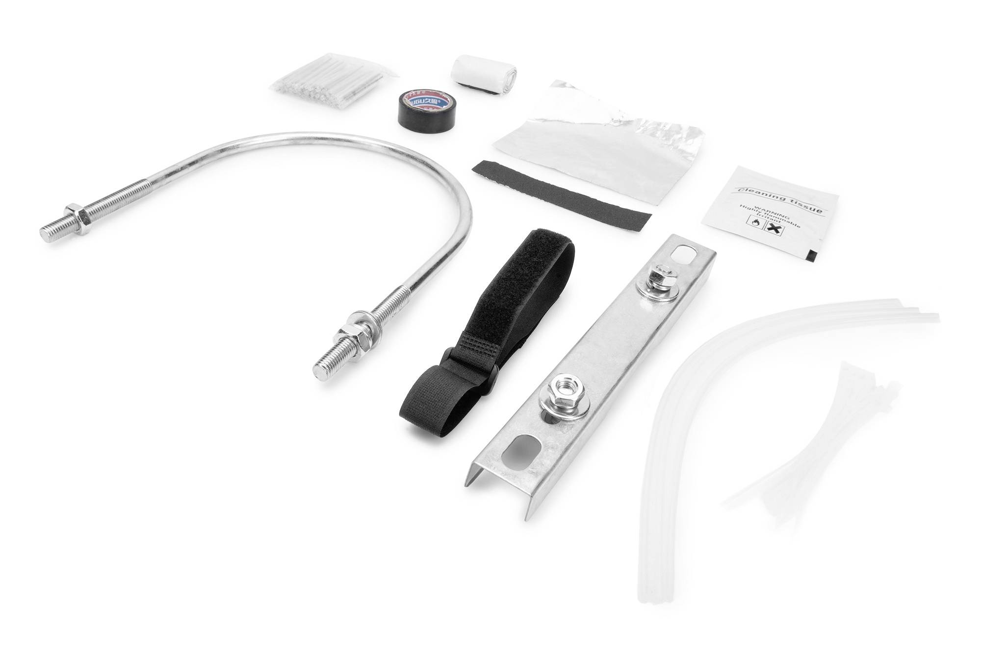 Zubehörset bestehend aus Metallstangen, Klettverschluss, Kabelbindern, Isolierband und Montagematerial, geeignet für Fahrradinstallation.