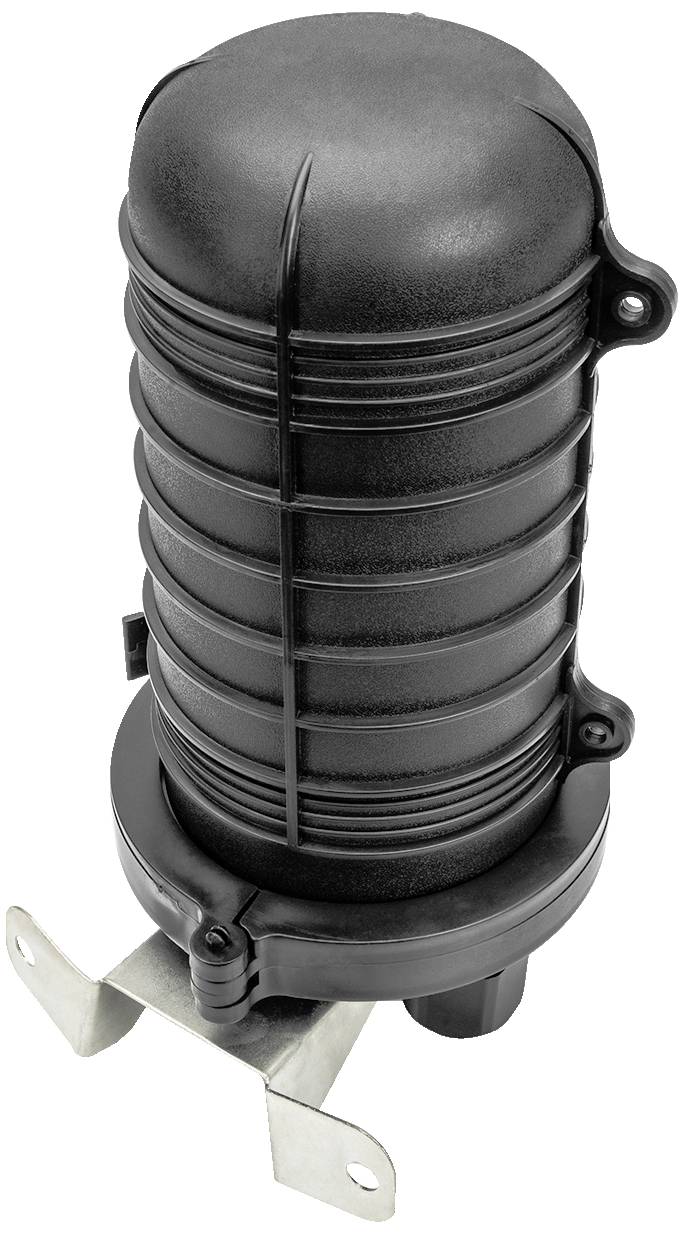 Schwarzes, zylinderförmiges Kunststoffgehäuse mit Rillen und Metallhalterung, möglicherweise Teil eines technischen Geräts oder Systems.