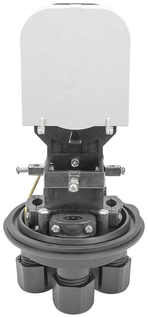 Ein industrielles Ventil mit mehreren Anschlussstellen und einem weißen Gehäuse oben. Verwendet für die Steuerung von Flüssigkeitsflüssen.