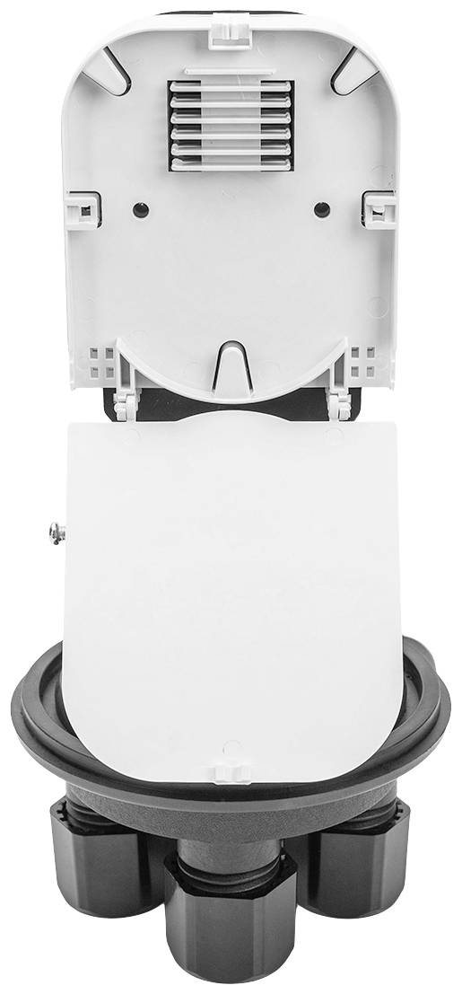 Ein geöffnetes elektrisches Gerät mit Abdeckung oben und sichtbarem Innenbereich, darunter Kabelanschlüsse.