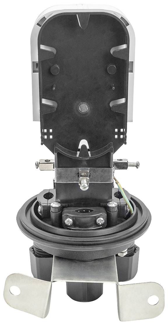 Elektrisches Bauteilgehäuse mit offenem Deckel, sichtbare interne Halterungen und Drähte. Geeignet für Fahrzeug- oder Maschinenanwendungen.