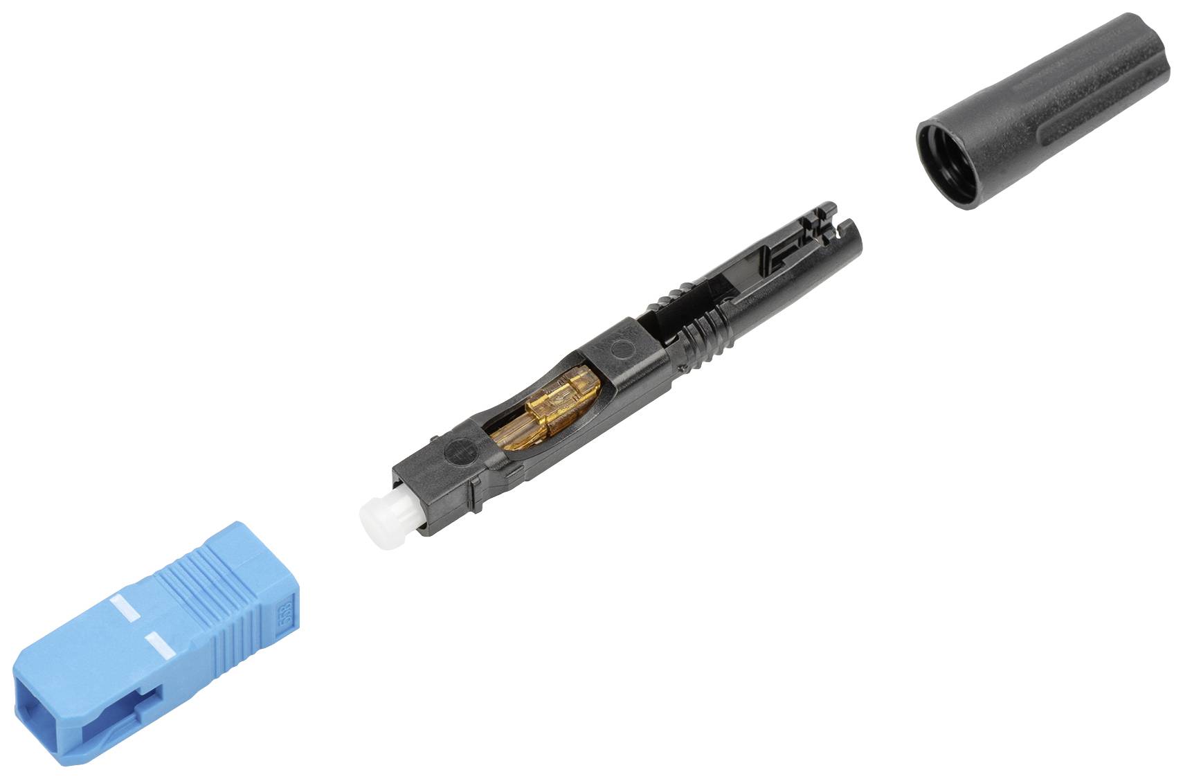 Glasfaser-Schnellverbinder bestehend aus drei Teilen: blauer Stecker, schwarzes Verbindungsgehäuse mit Glasfaser, schwarze Schutzkappe.