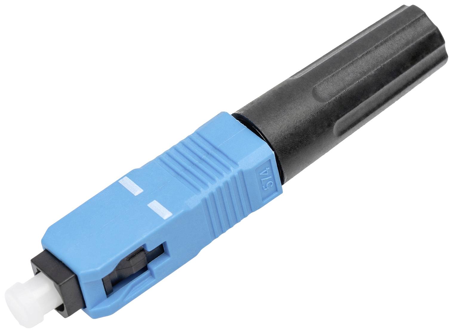Ein blau-schwarzer Glasfaserstecker, typischer SC-Steckverbinder, zur Verbindung von optischen Faserkabeln in Netzwerkgeräten.