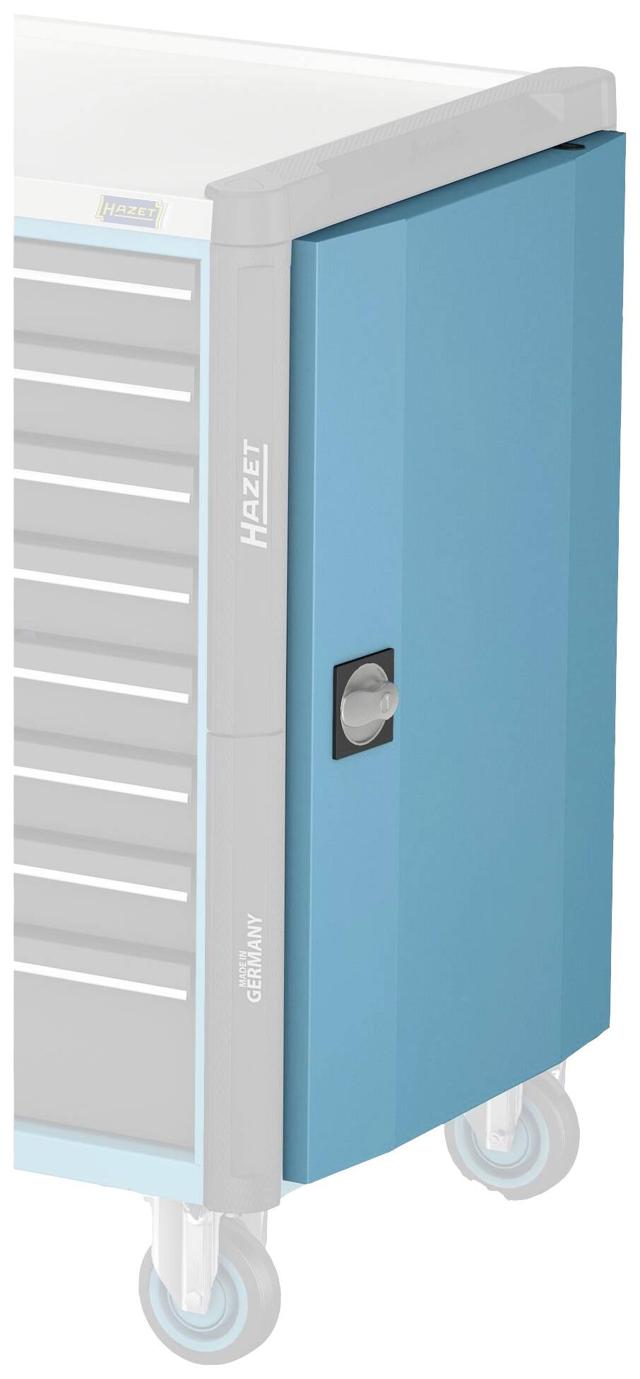 Schubladenschrank auf Rollen mit blauer Tür und silbernem Griff, Herstellername sichtbar, geeignet für Werkzeuge und Lagerung.
