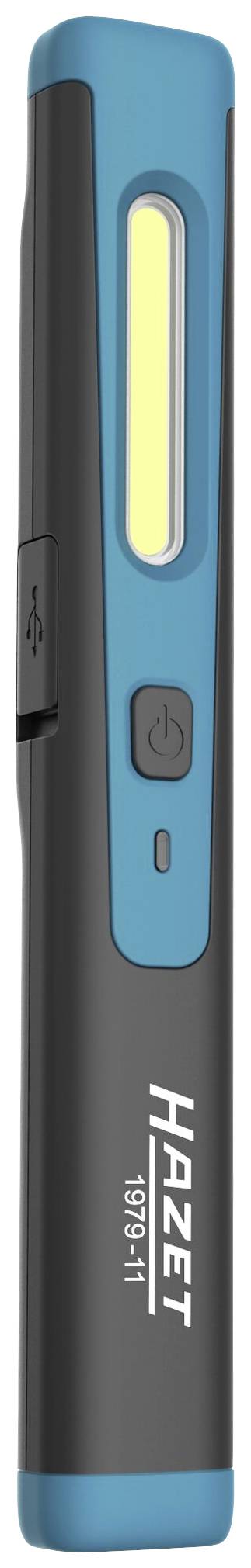 Schwarze und blaue Taschenlampe von Hazet mit USB-Anschluss und großem Lichtfeld. Sie hat einen An- und Ausschalter.