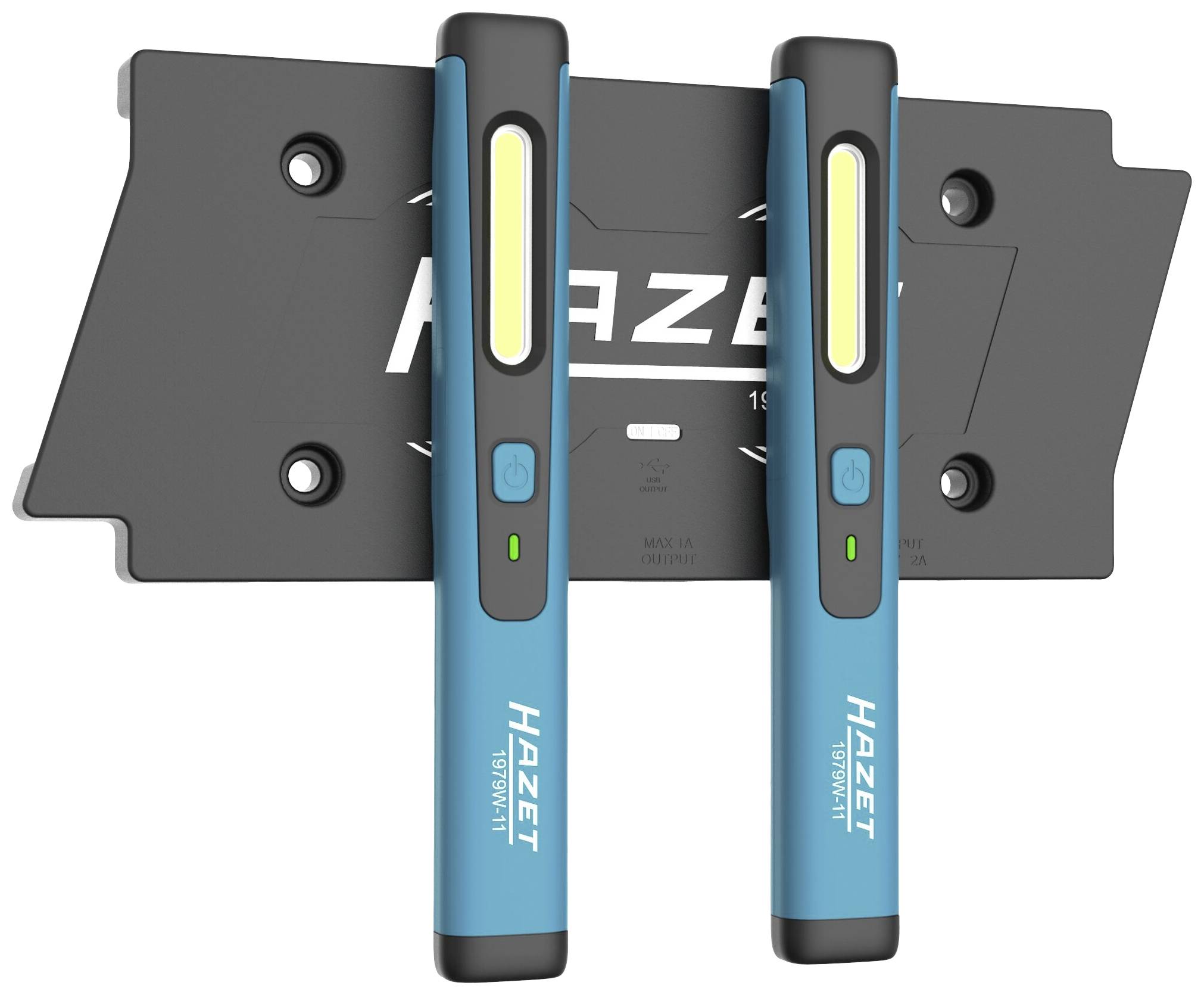 Zwei blaue LED-Arbeitsleuchten der Marke Hazet, befestigt an einer schwarzen, wandmontierten Halterung.