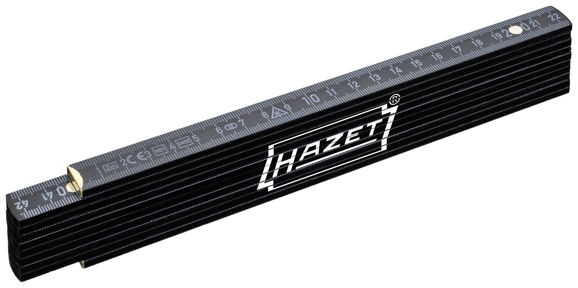 Faltbarer Gliedermaßstab der Marke Hazet, schwarz mit Zentimetereinteilung.
