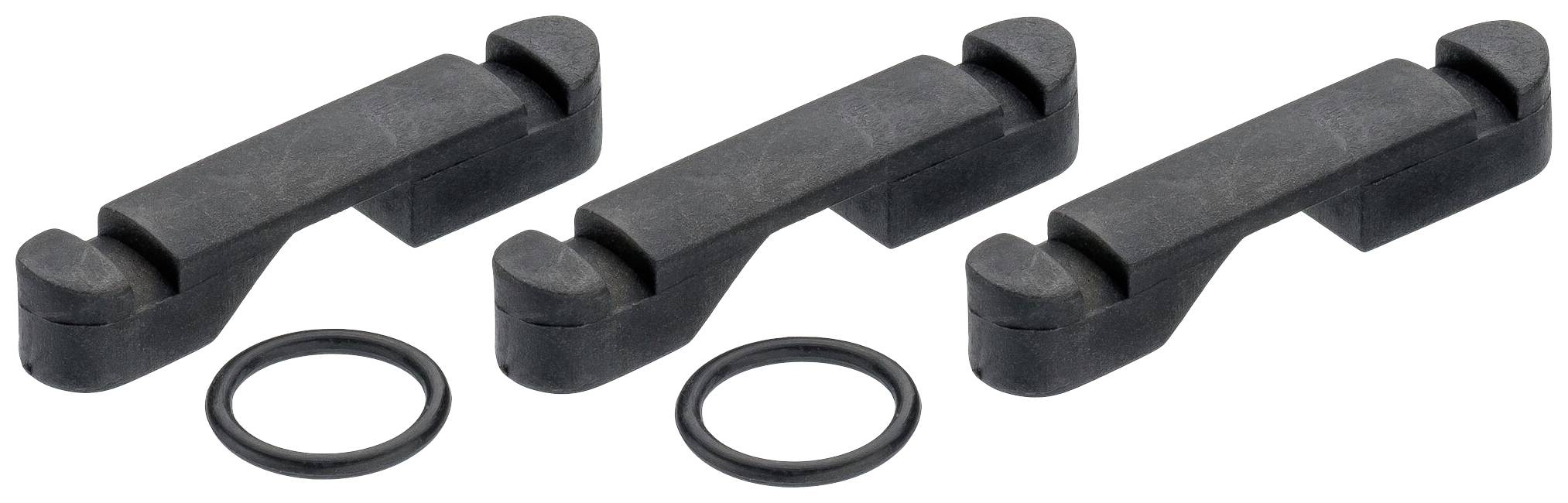 Drei schwarze Kunststoffhalterungen mit jeweils einem Gummiring daneben. Sie sind gleichmäßig nebeneinander angeordnet.