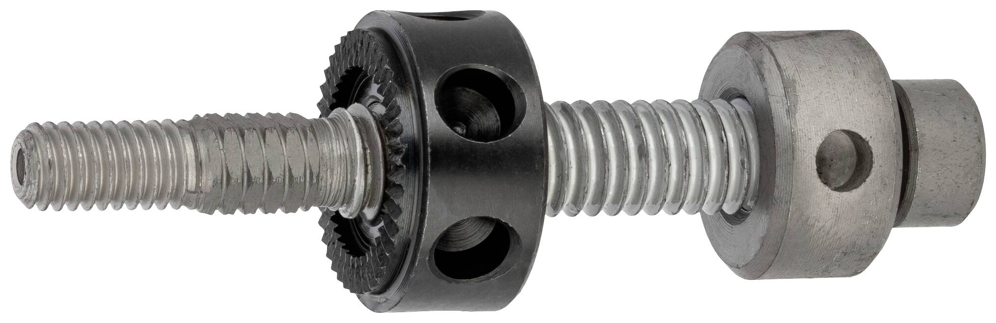 Eine Metall-Gewindespindel mit Kugelumlaufmutter, die teilweise aus schwarzem und grauem Metall besteht.