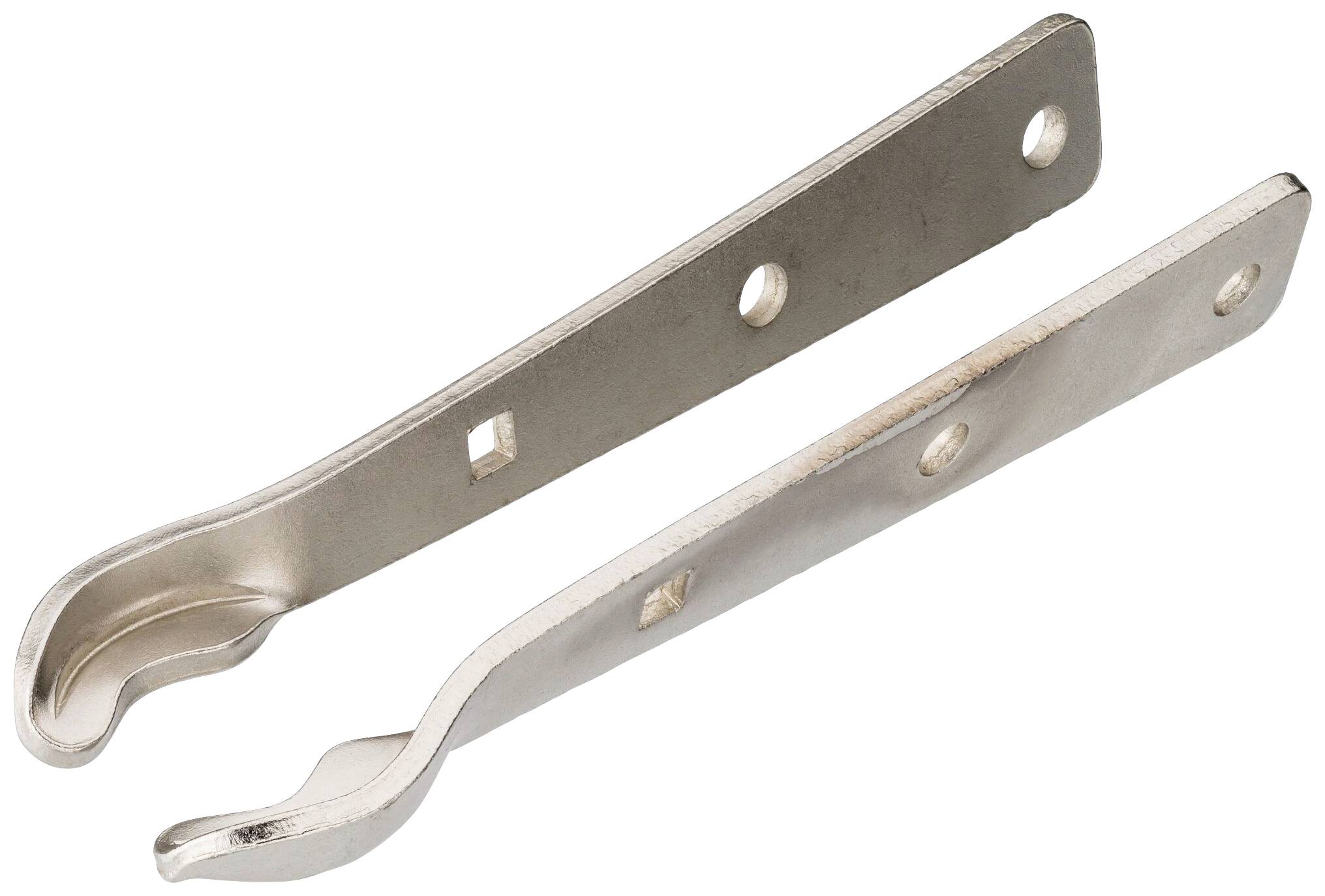 Metallische U-förmige Möbelhalterungen mit vorgebohrten Löchern zur Befestigung.