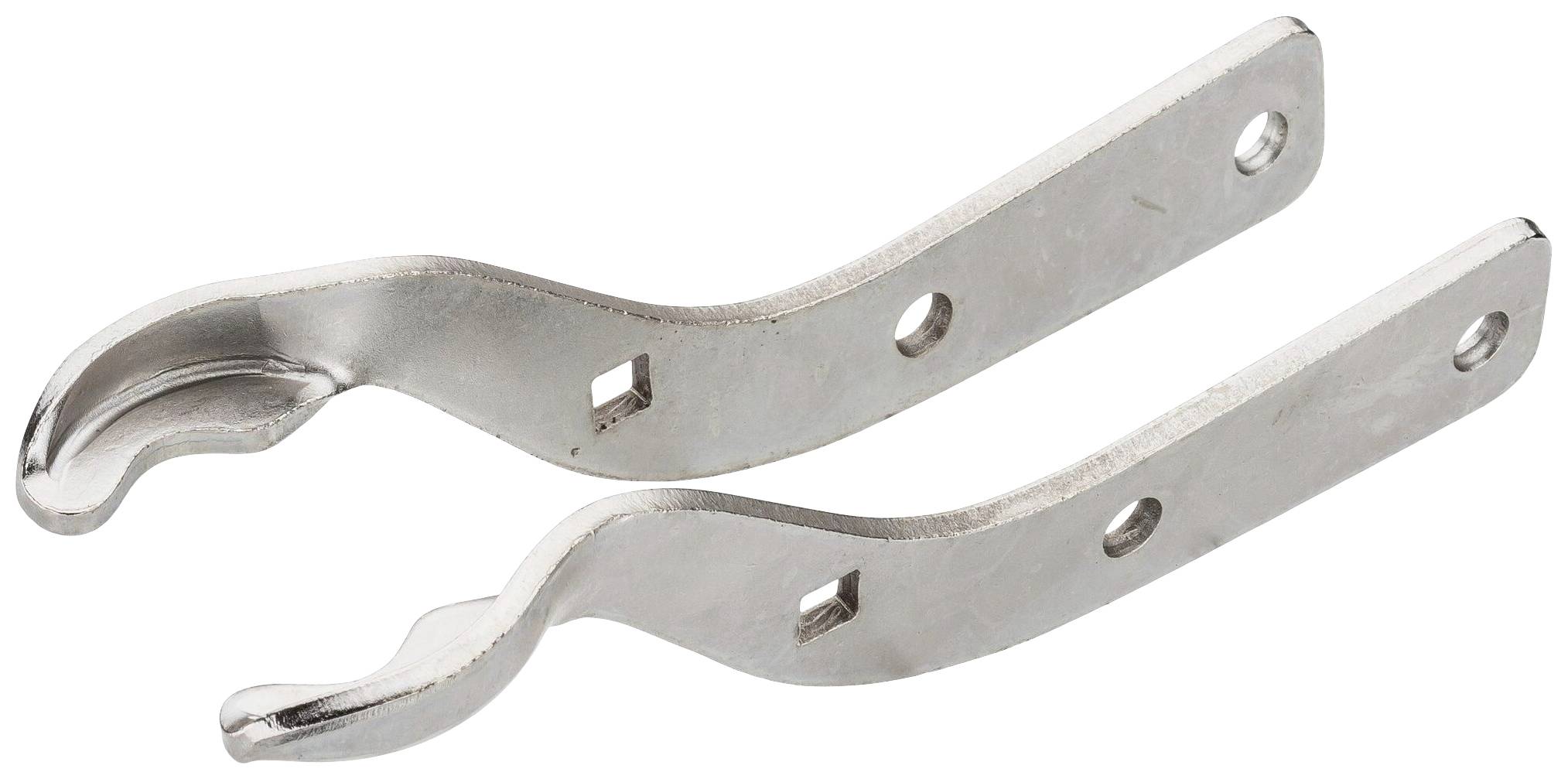 Zwei gebogene Metallhalterungen mit Löchern, vermutlich zum Befestigen oder Tragen von Gegenständen.