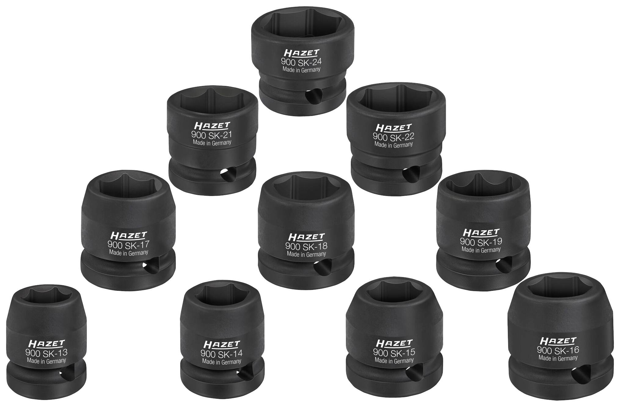 Zehn schwarze Stecknüsse in verschiedenen Größen, von 14 bis 24 mm, sind auf weißem Hintergrund angeordnet. Marke: Hazet.
