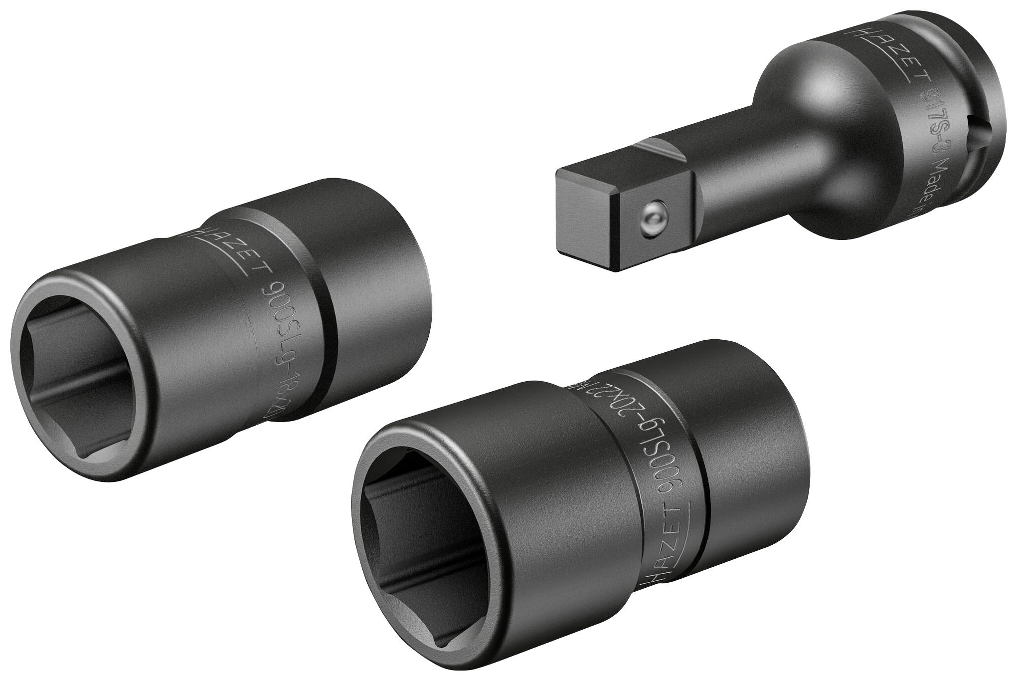 Drei schwarze Steckschlüsselaufsätze, einer mit Verlängerung. Geeignet für Werkzeugeinsatz bei mechanischen Arbeiten.