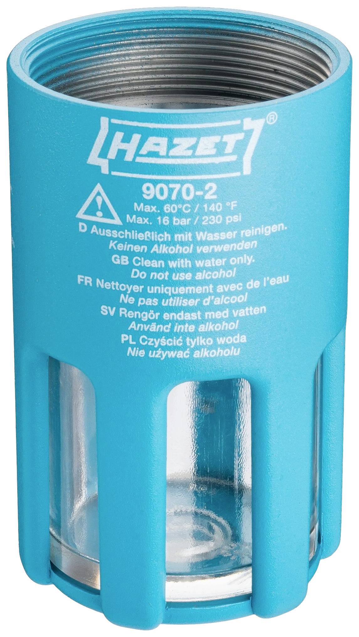 Türkiser Ölfilter für Hazet-Werkzeuge mit Glasfenster und Aufschrift über Druck- und Reinigungshinweise.