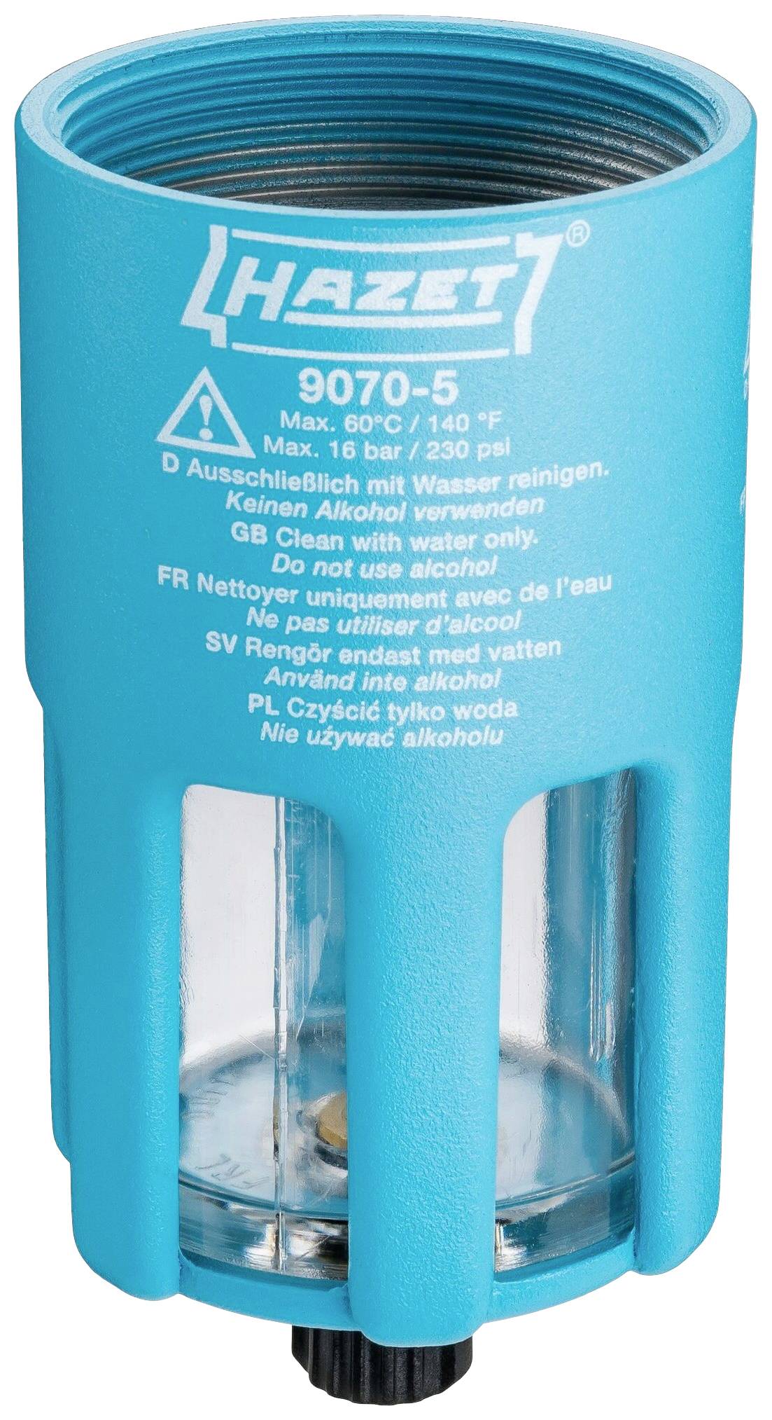 Blauer, zylindrischer Behälter mit der Aufschrift 'Hazet 9070-5', Max. 60°C / 1 bar, Glasfenster für Sicht auf den Inhalt.