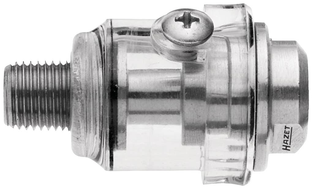 Ein transparenter, zylindrischer Anschlussadapter mit Schraubenzapfen, Metallgewinde und dem Markennamen 'Hazet' an der Seite.