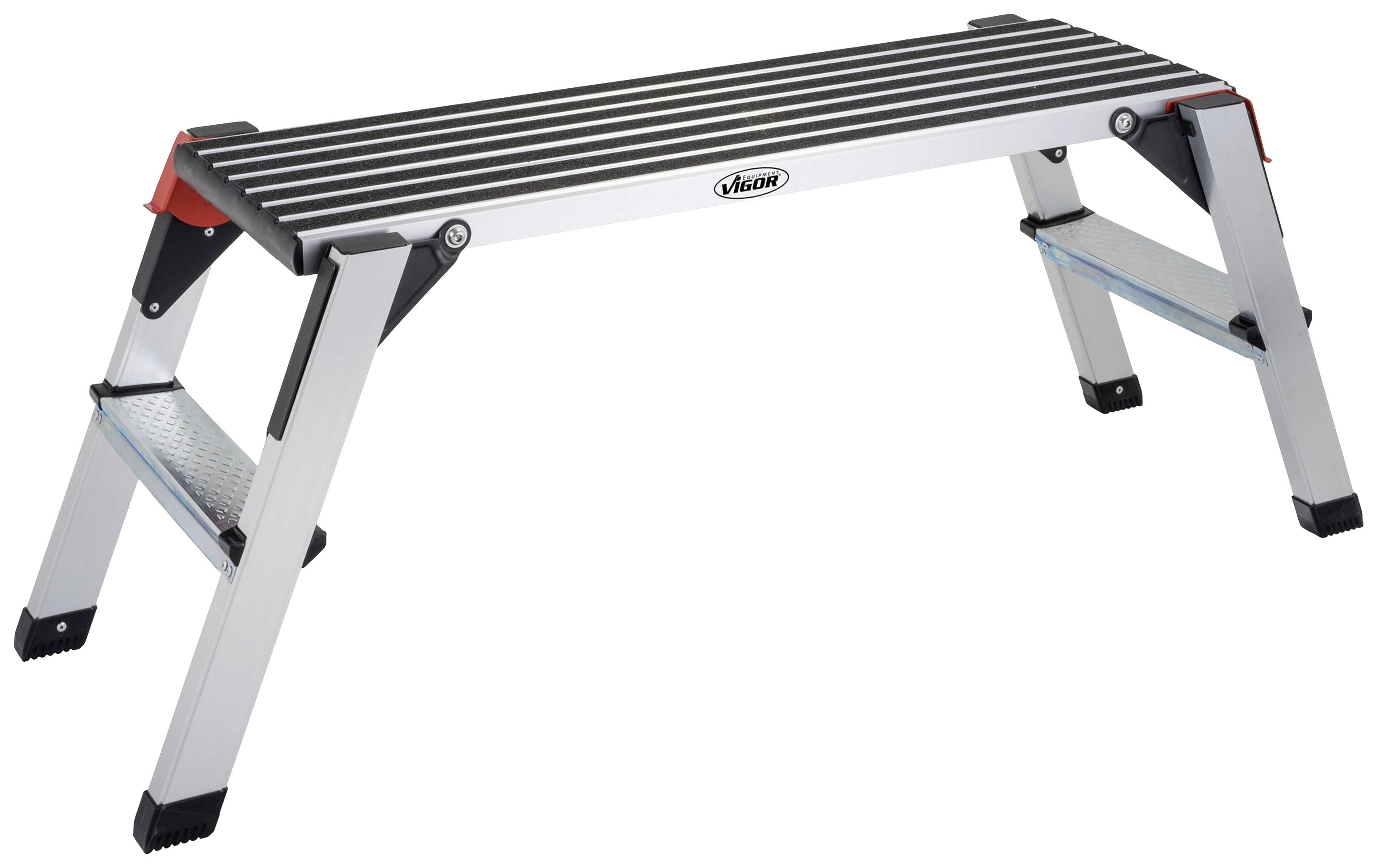 Klapptritt aus Metall, silberfarben, mit rutschfesten Stufen und schwarzem Kantenschutz. Geeignet für Innen- und Außenbereiche.