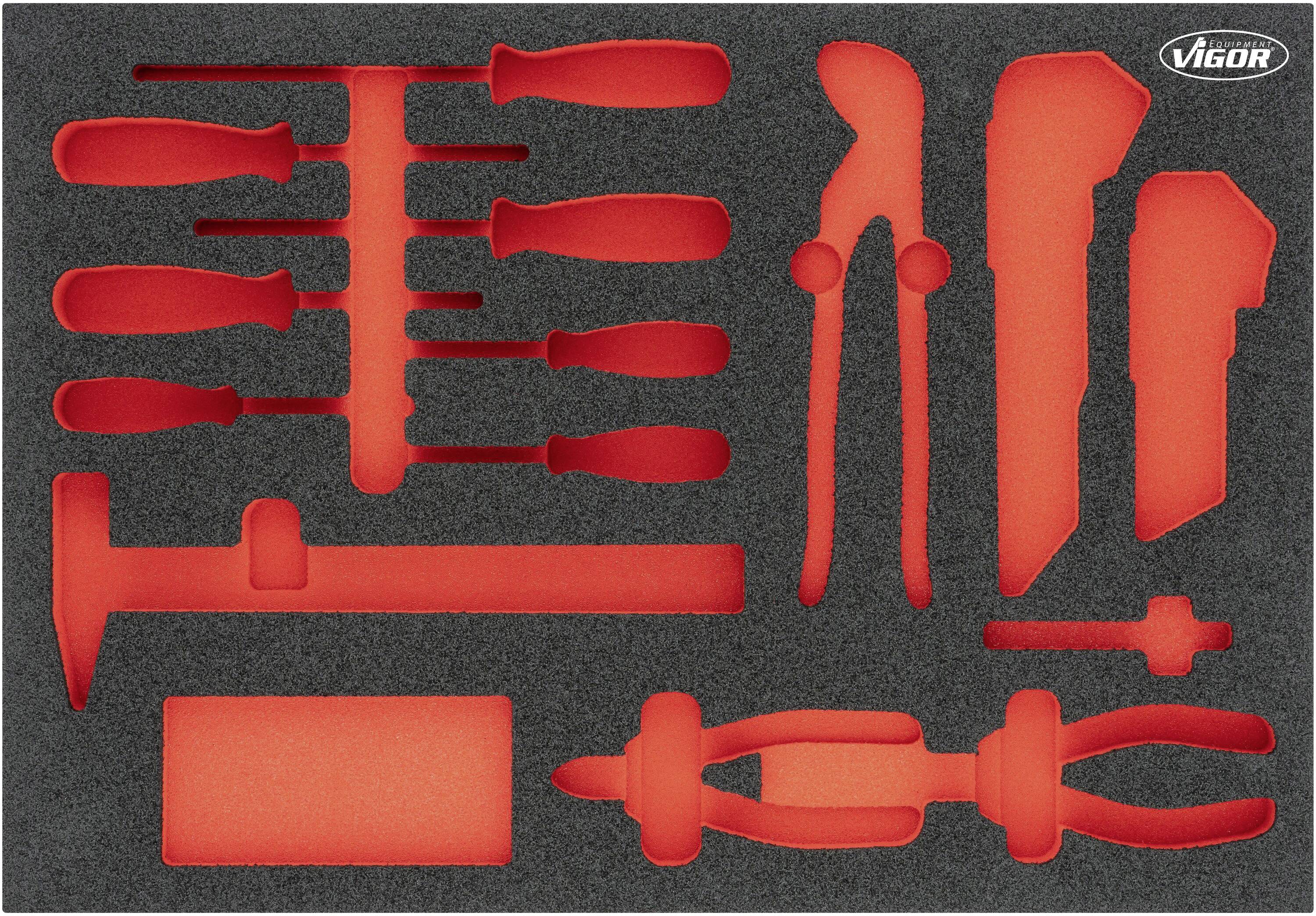 Schaumstoffeinlage mit verschiedenen rot hervorgehobenen Handwerkzeugen, darunter Schraubendreher, Zangen und ein Hammer.