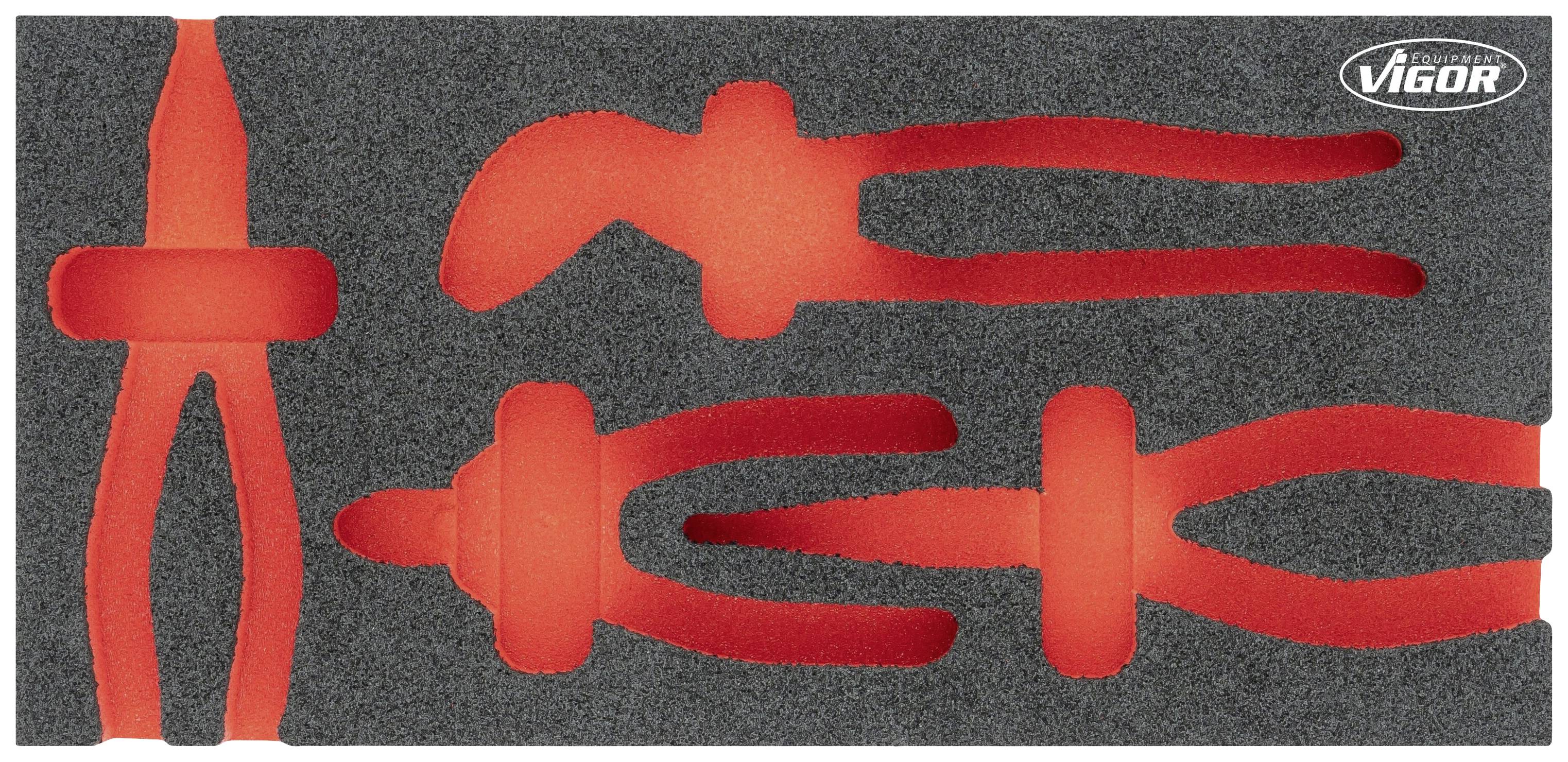 Schaumstoffeinlage mit roten Ausschnitten für Zangen und Werkzeuge, Markenlogo oben rechts.