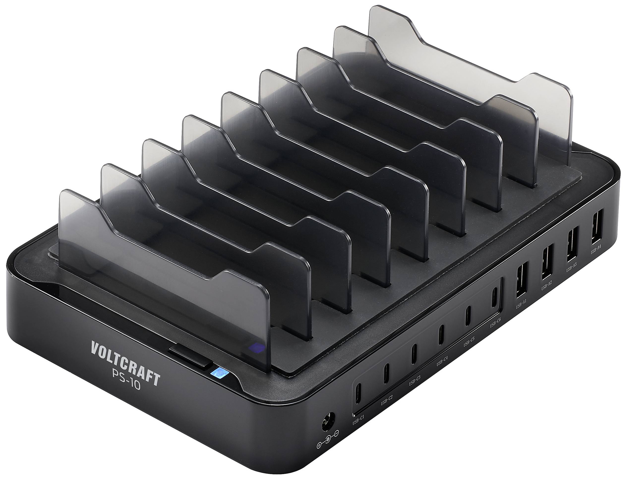 Schwarzes USB-Ladegerät mit 10 Ports und transparenten Trennwänden. Logo 'VOLTCRAFT PS-10' vorne sichtbar.