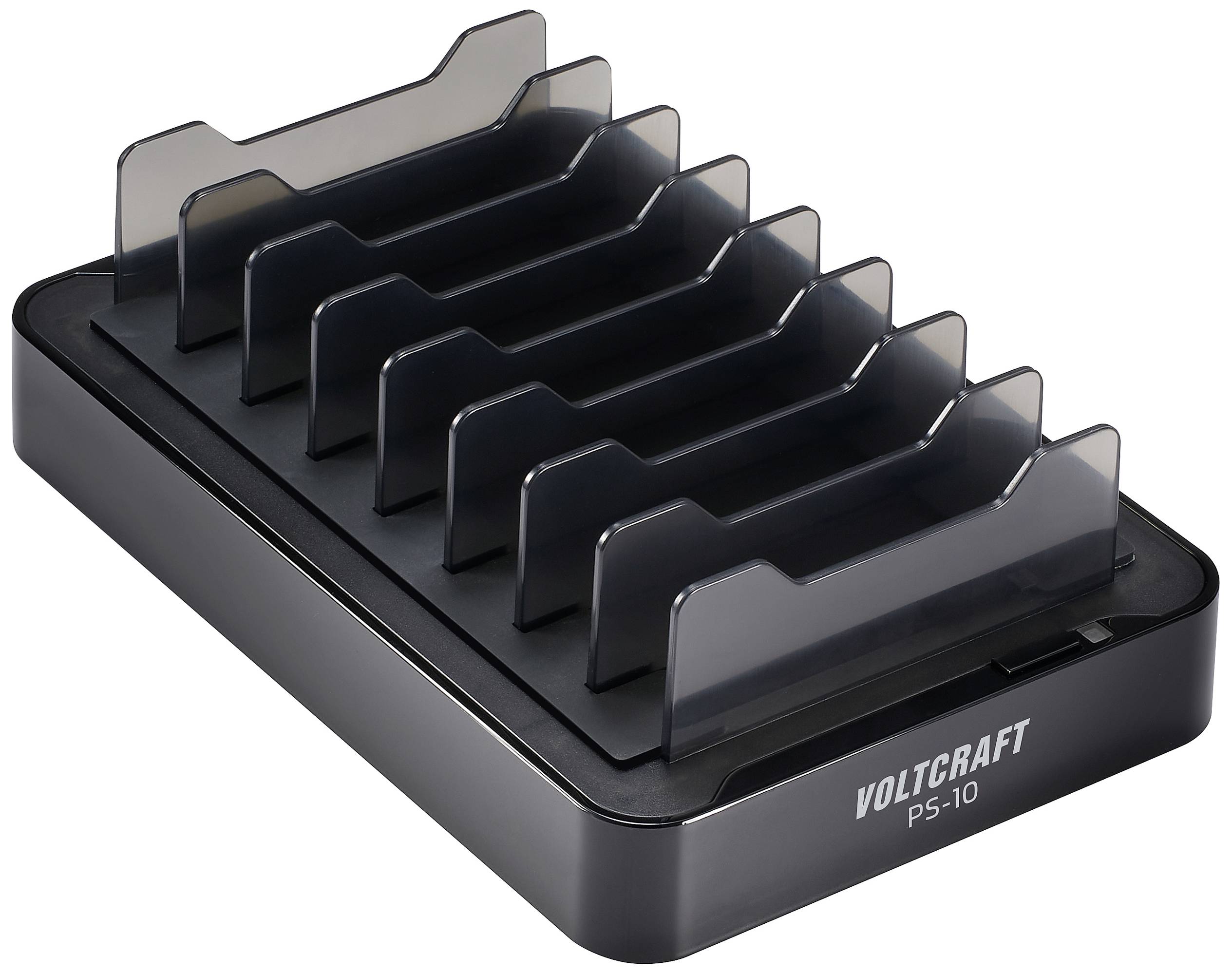 Ein schwarzes Ladegerät mit mehreren Steckplätzen für Geräte, geeignet für gleichzeitiges Laden. Markenname 'Voltcraft PS-10'.